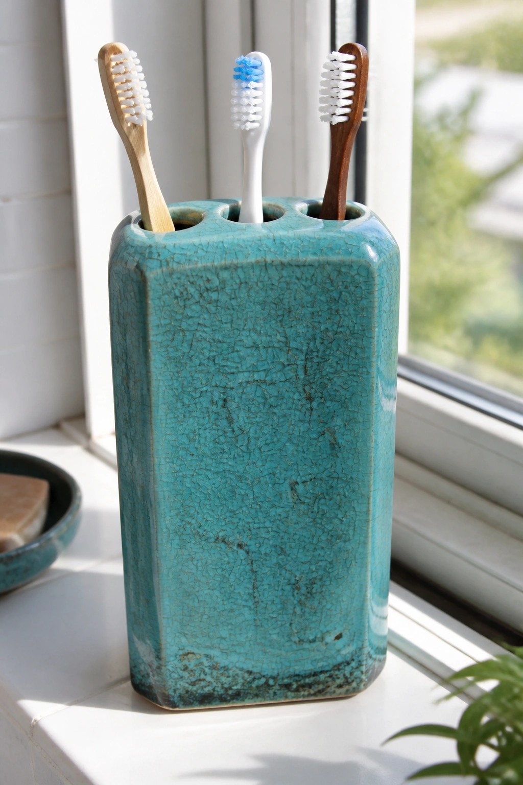 Three toothbrushes in a turquoise crackled ceramic holder on a windowsill.