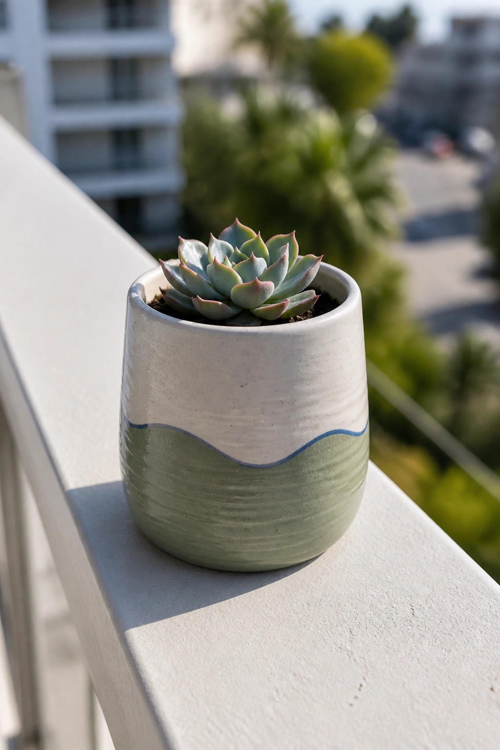 Succulent in white and green ceramic pot on balcony railing.