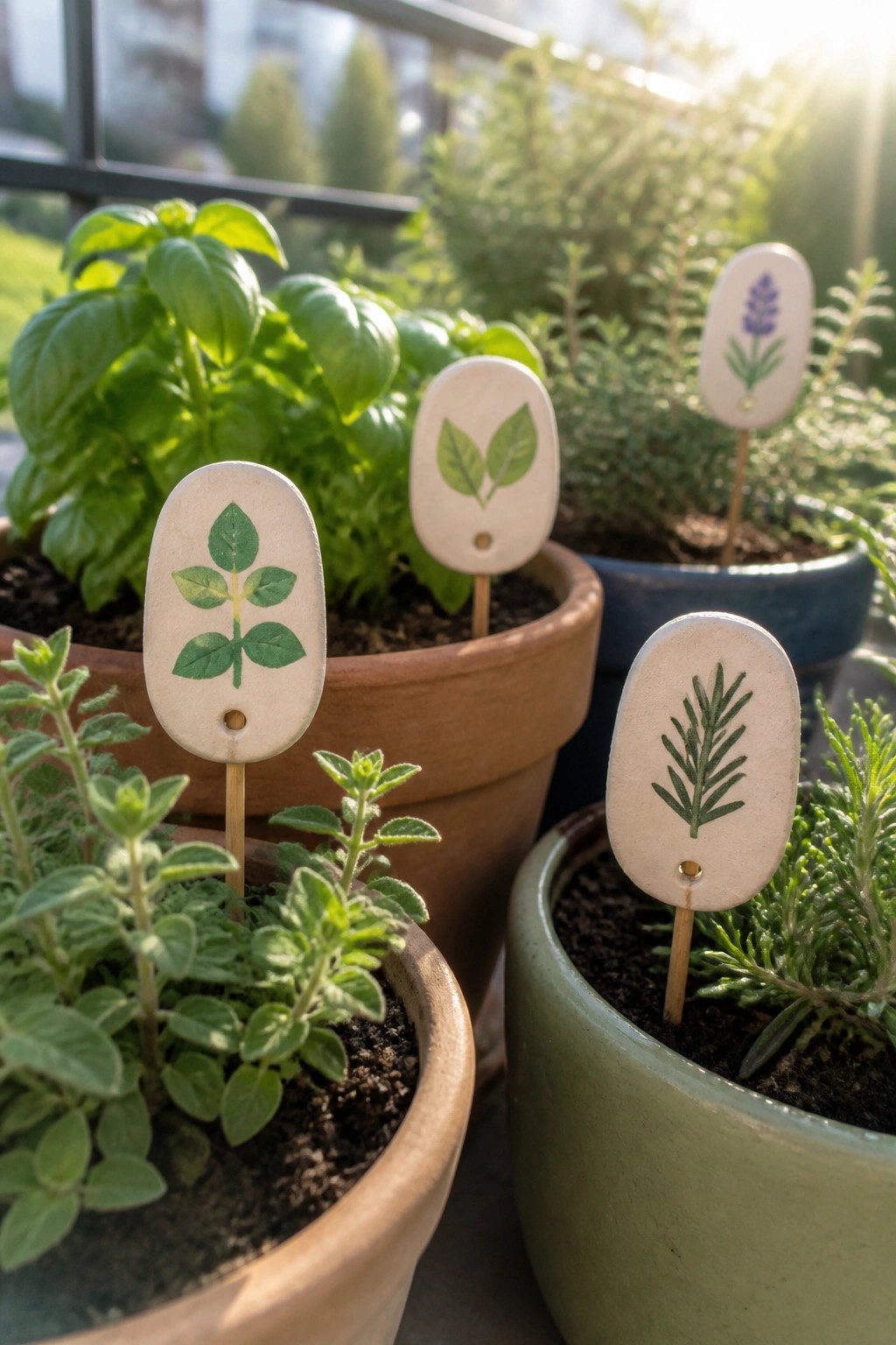 Ceramic plant markers with herb drawings in sunlit terracotta and ceramic pots.
