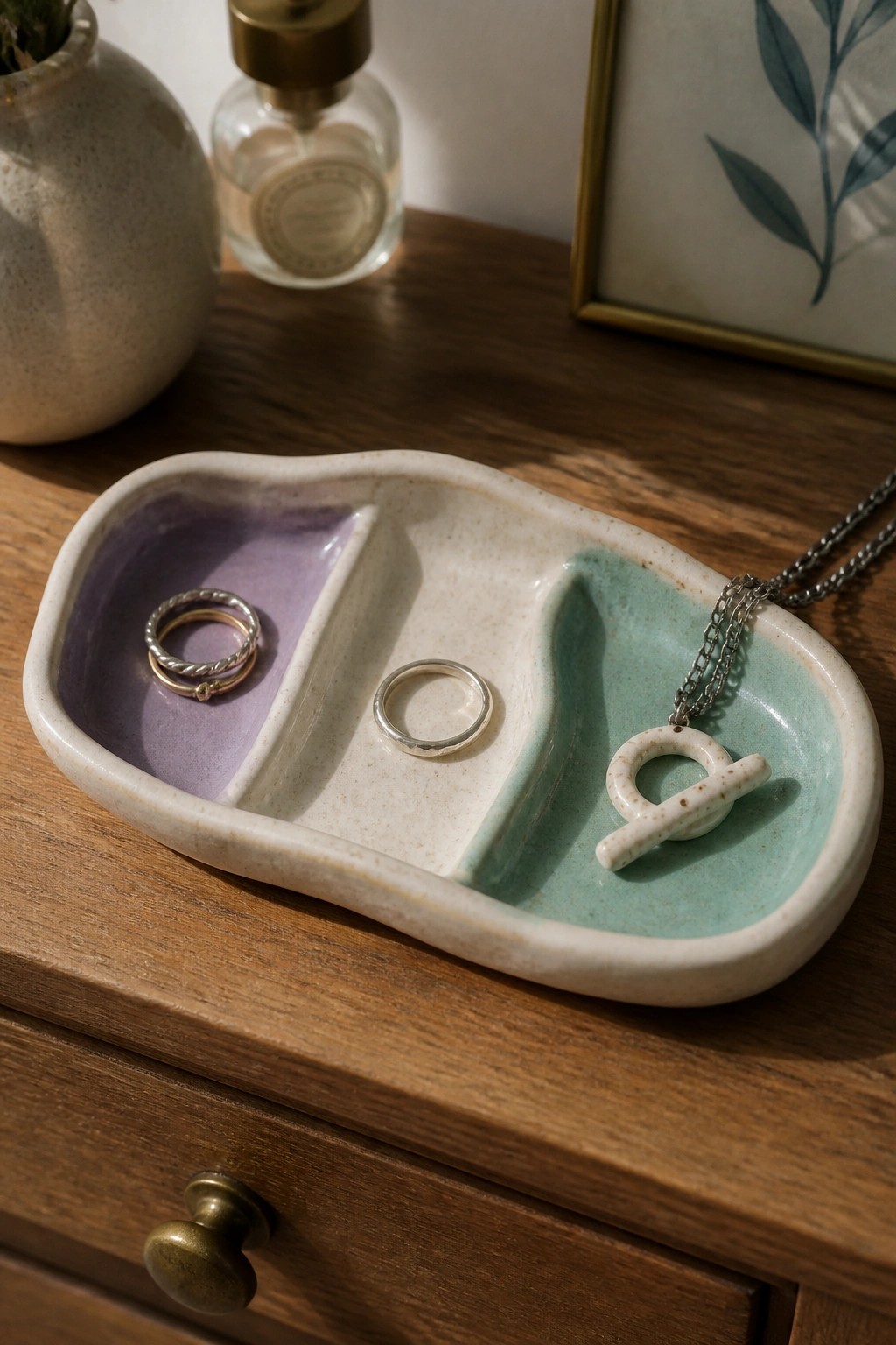 Colorful ceramic tray with purple, beige, and teal sections holding rings and necklace on wood