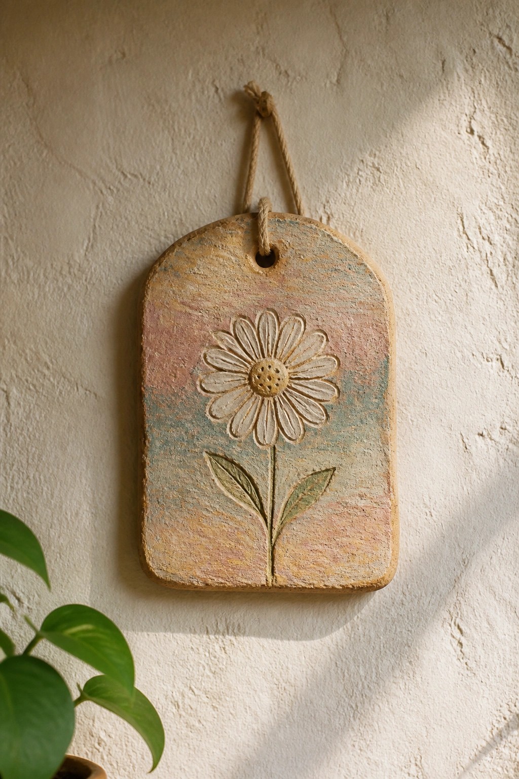 Hanging pastel clay plaque with embossed daisy flower on textured wall