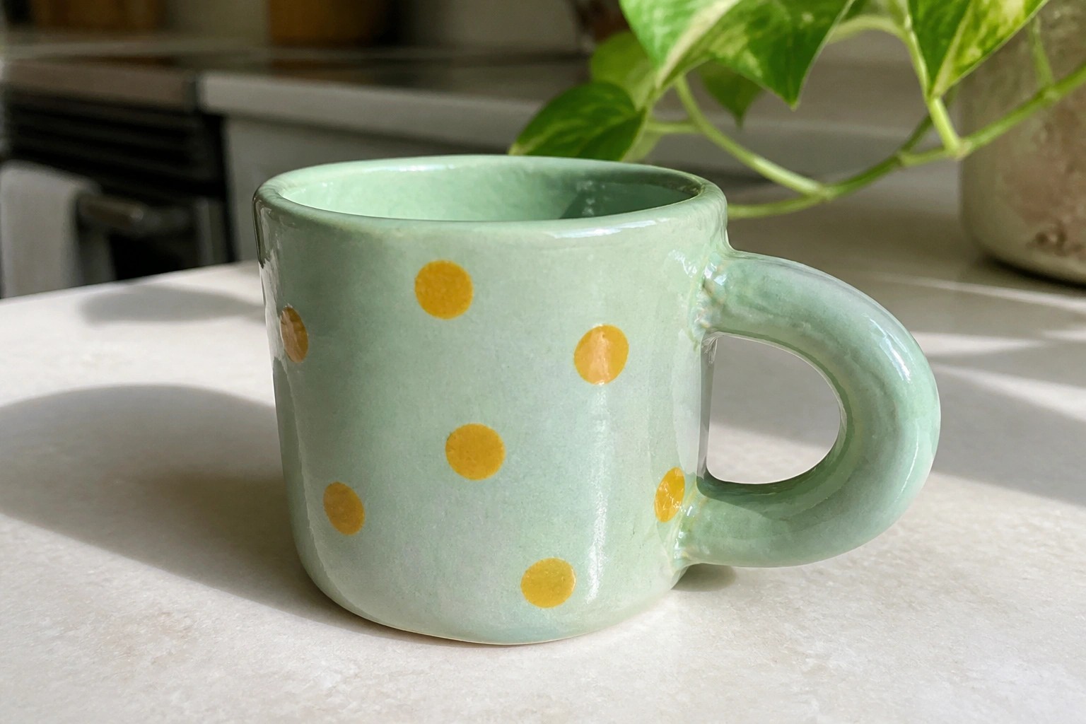 Mint green ceramic mug with yellow polka dots on white countertop near plant