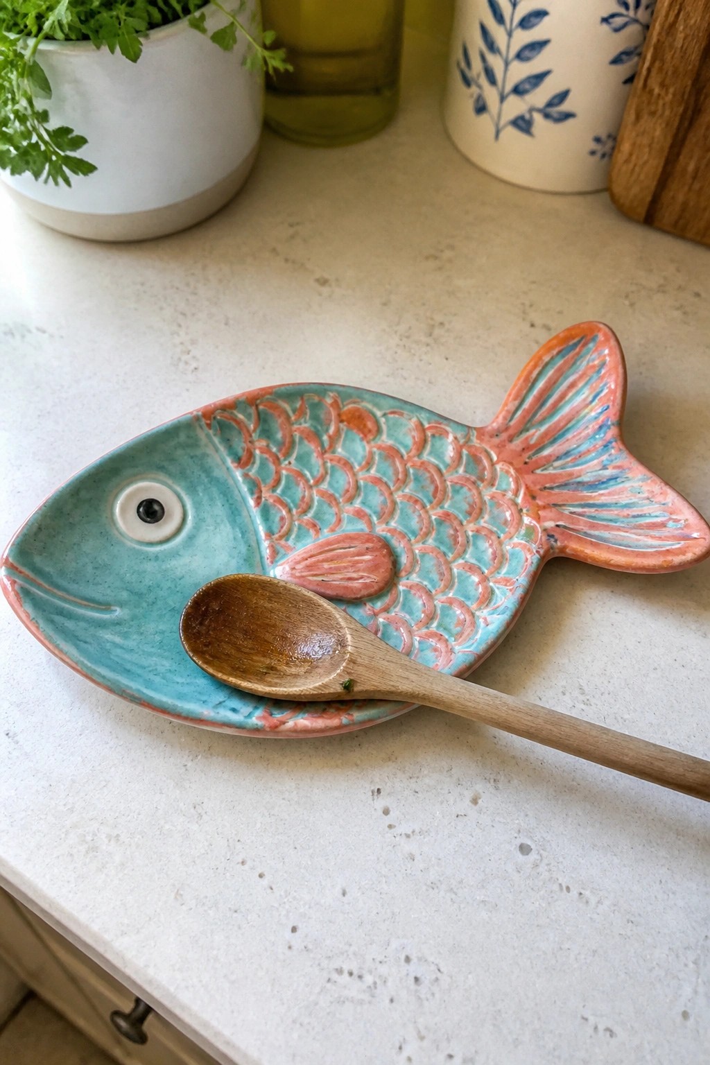 A turquoise and coral fish-shaped ceramic dish holding a wooden spoon on a kitchen counter.