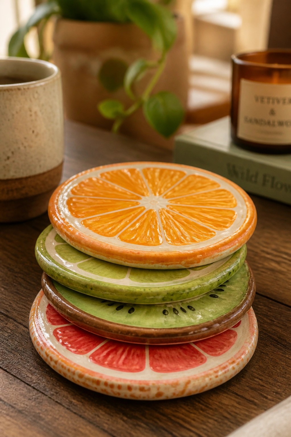 Stacked ceramic fruit-slice coasters in orange, lime, kiwi, and grapefruit designs