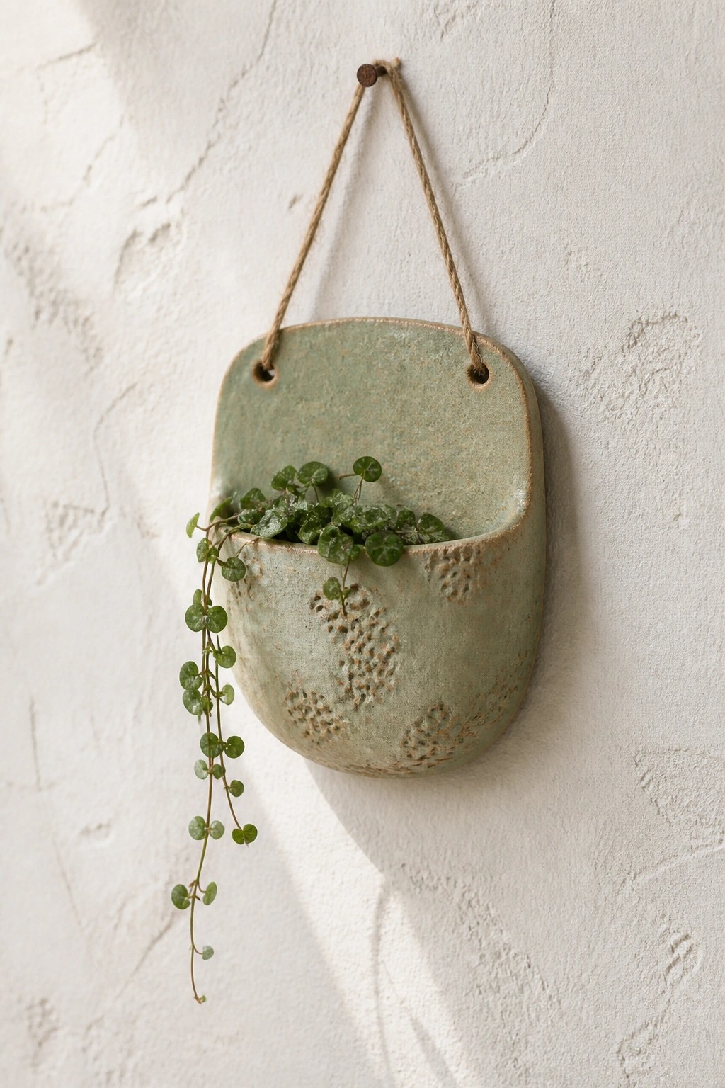 Green ceramic wall planter with trailing plant on white textured wall