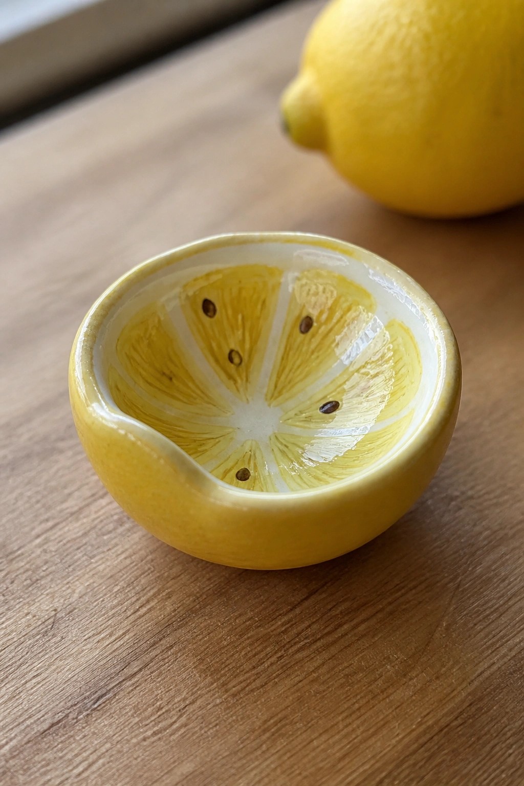 Yellow ceramic lemon bowl with slice design on wooden table, whole lemon behind