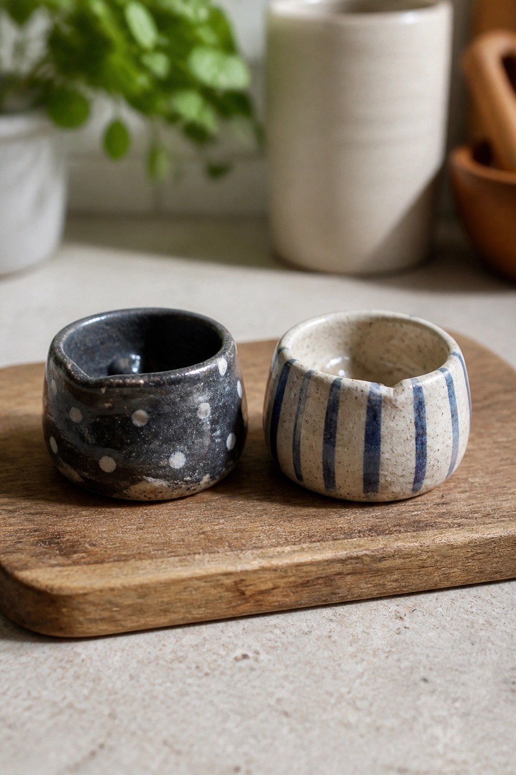 Two small handmade ceramic bowls sit on a wooden board, one dark with white dots and the other light with blue stripes.