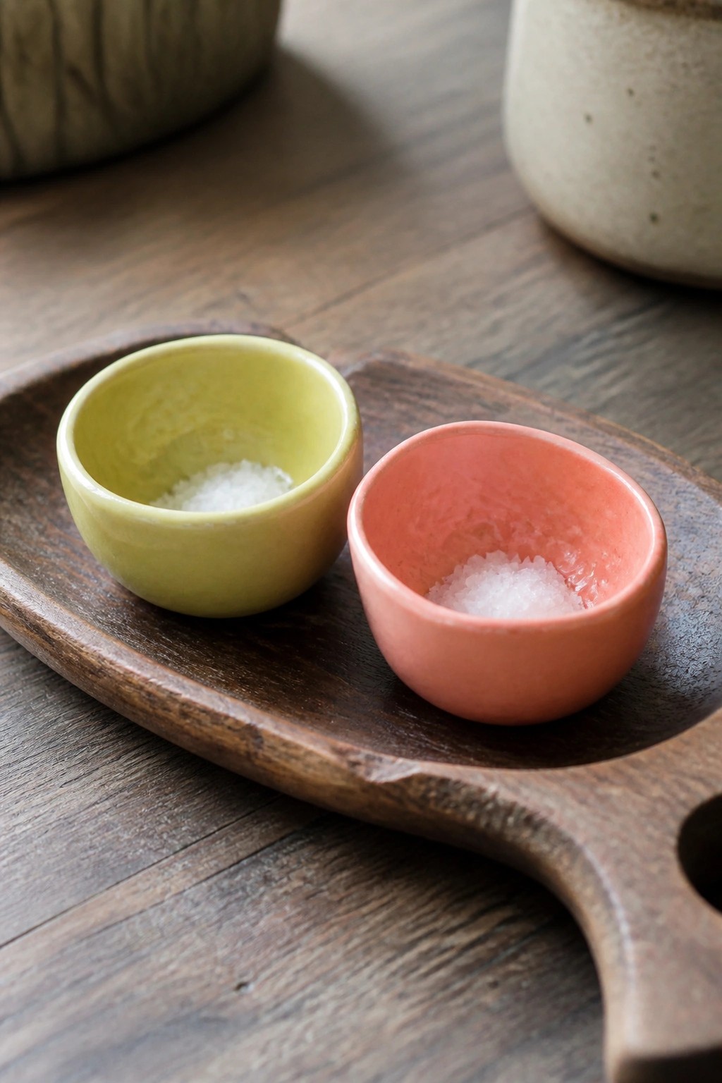 Two small round ceramic bowls, one yellow and one coral, rest on a dark wooden tray with white salt in each.