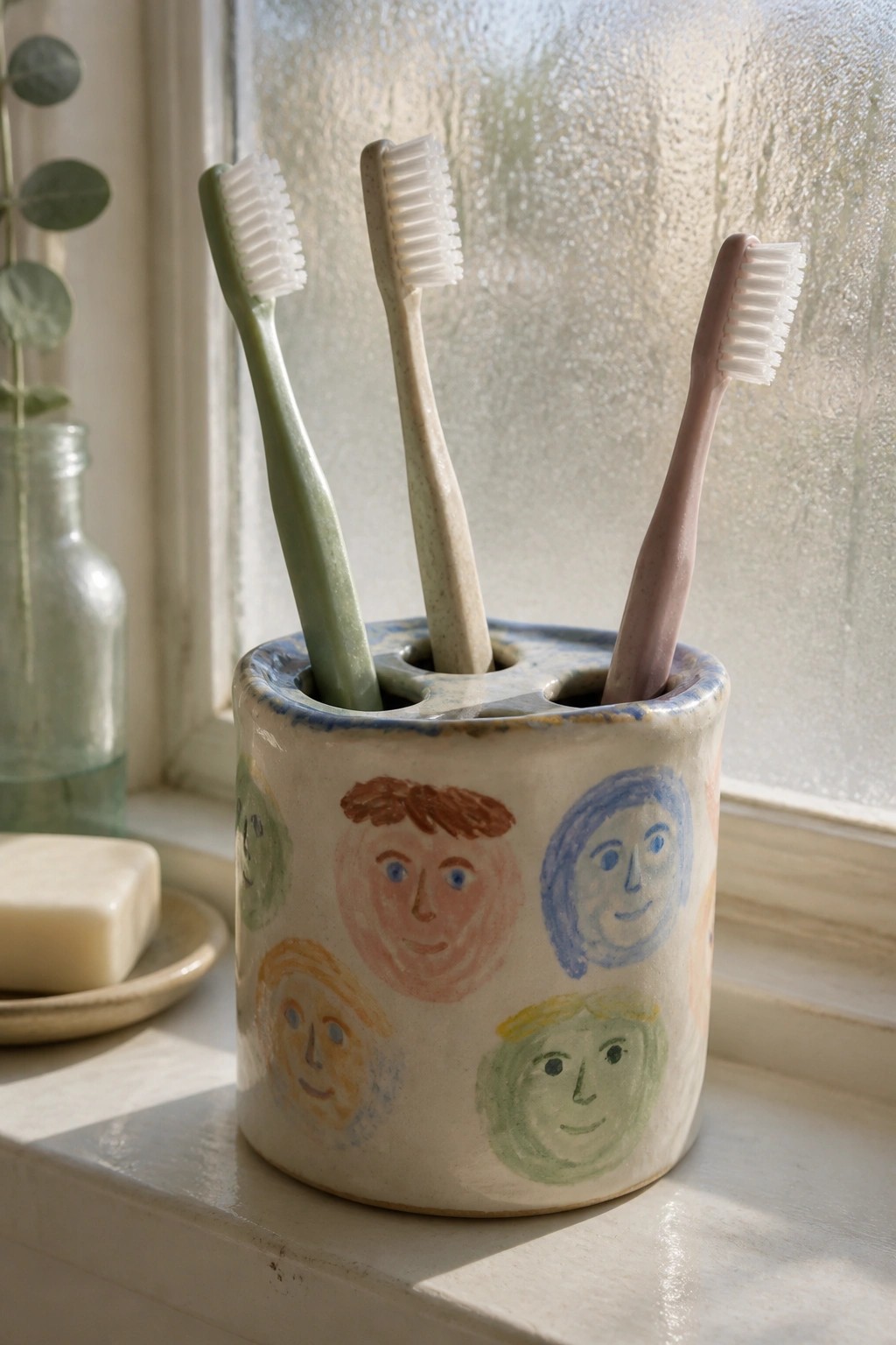 Ceramic holder with colorful painted faces holding three toothbrushes on a windowsill