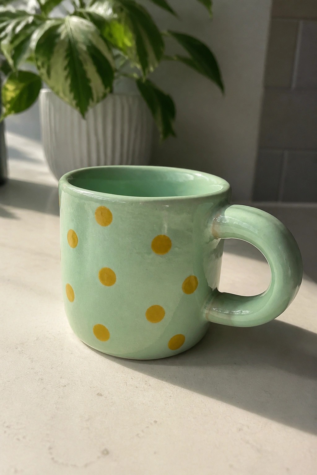 Mint green ceramic mug with yellow polka dots on white countertop near plant