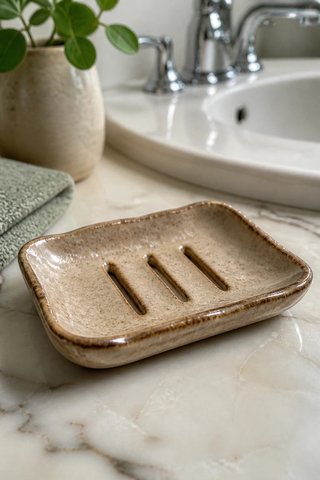A beige ceramic soap dish with three drainage slots sits on a marble bathroom counter.