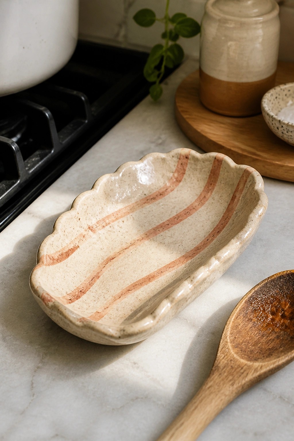 A small oval ceramic dish with scalloped edges and wavy brown stripes sits on a marble countertop next to a wooden spoon.