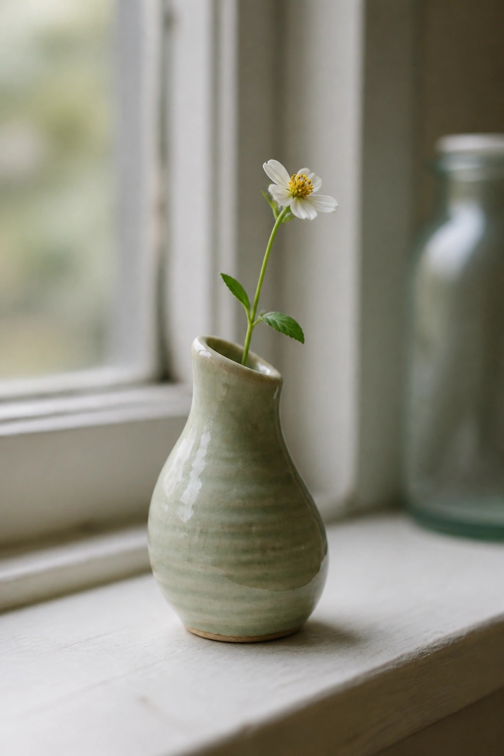 A small light green ceramic vase holding one white flower rests on a white windowsill.