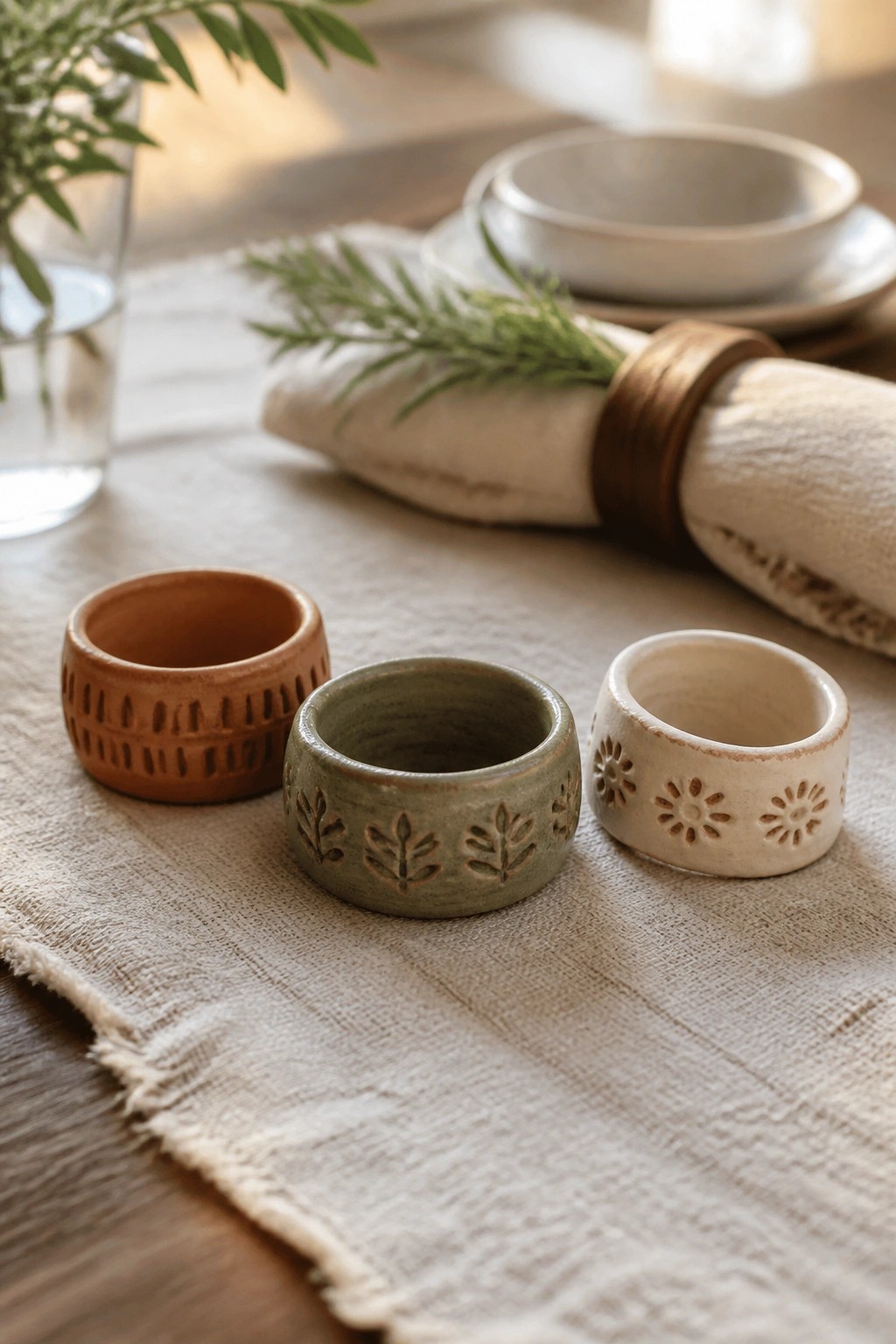 Three ceramic napkin rings with leaf and flower carvings on linen cloth
