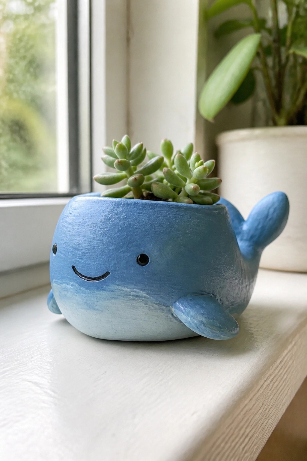 Smiling blue whale-shaped ceramic planter with succulent on windowsill.