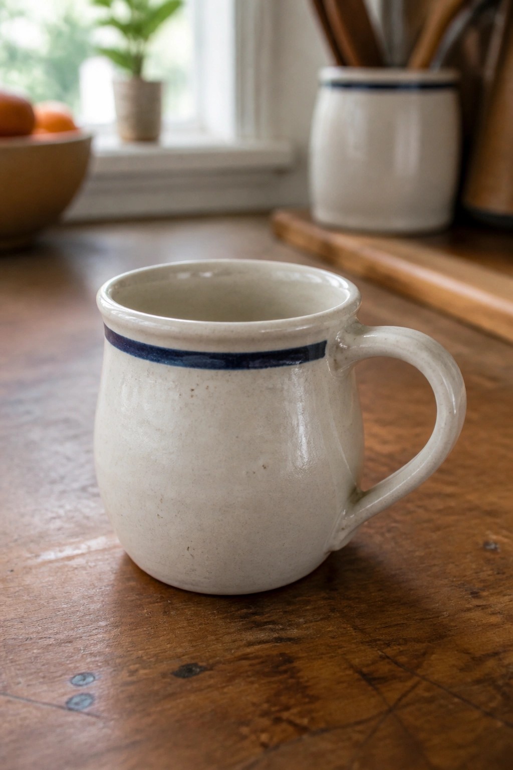 White ceramic mug with blue stripe on rustic wooden table.