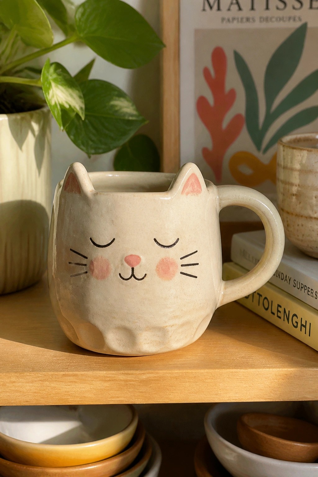 Ceramic mug formed as a cat face with sculpted ears, painted eyes, whiskers, and pink cheeks on a wooden shelf.