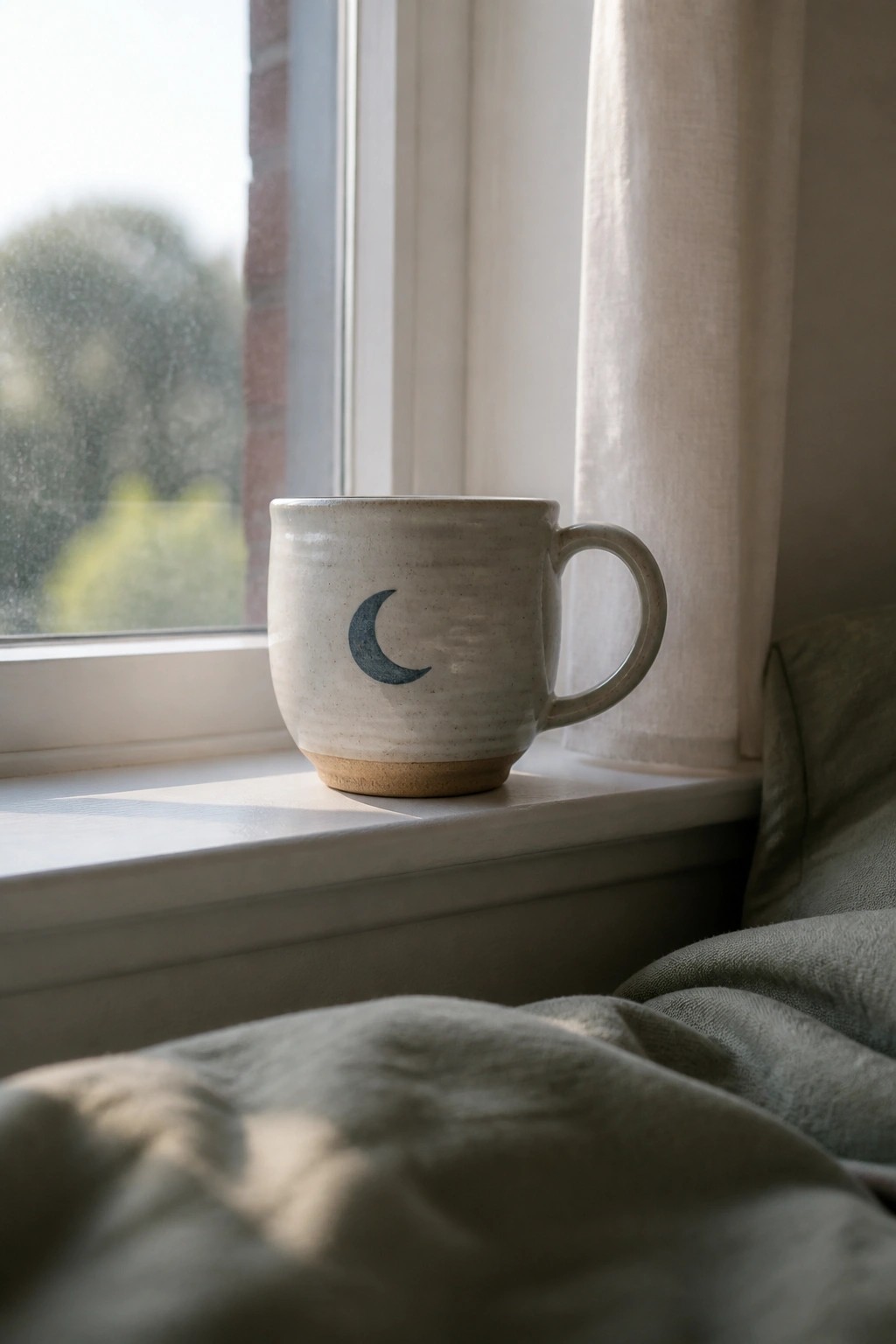 Ceramic mug with blue crescent moon on sunlit windowsill beside curtain and bedding