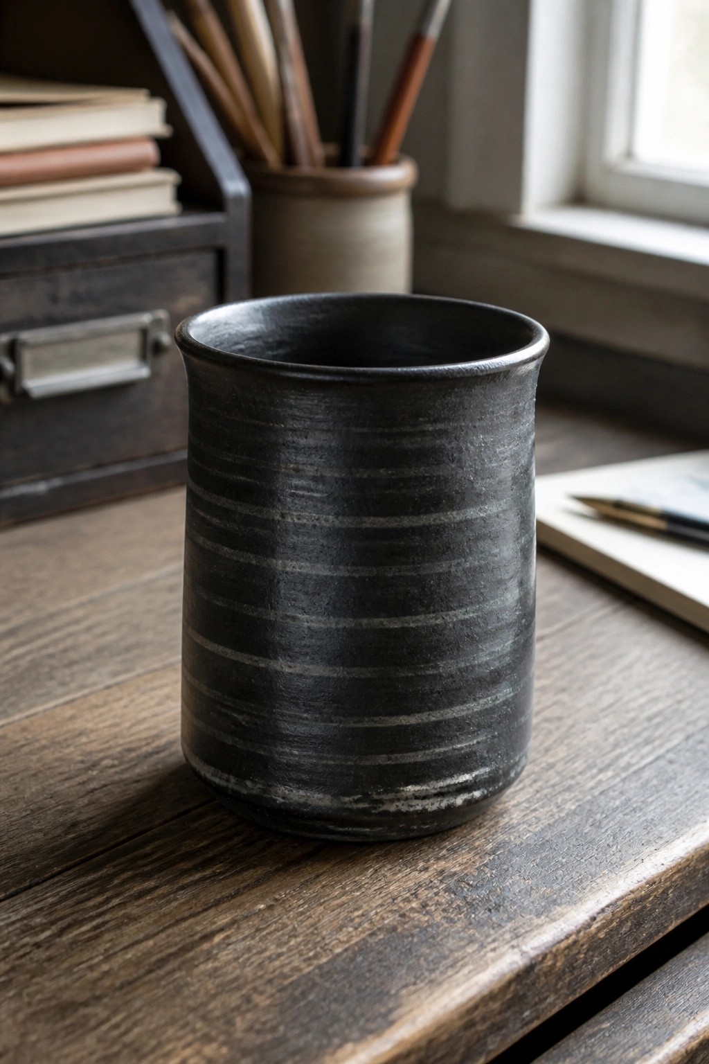 A dark ceramic mug with horizontal ridges on a wooden table near books and paintbrushes.