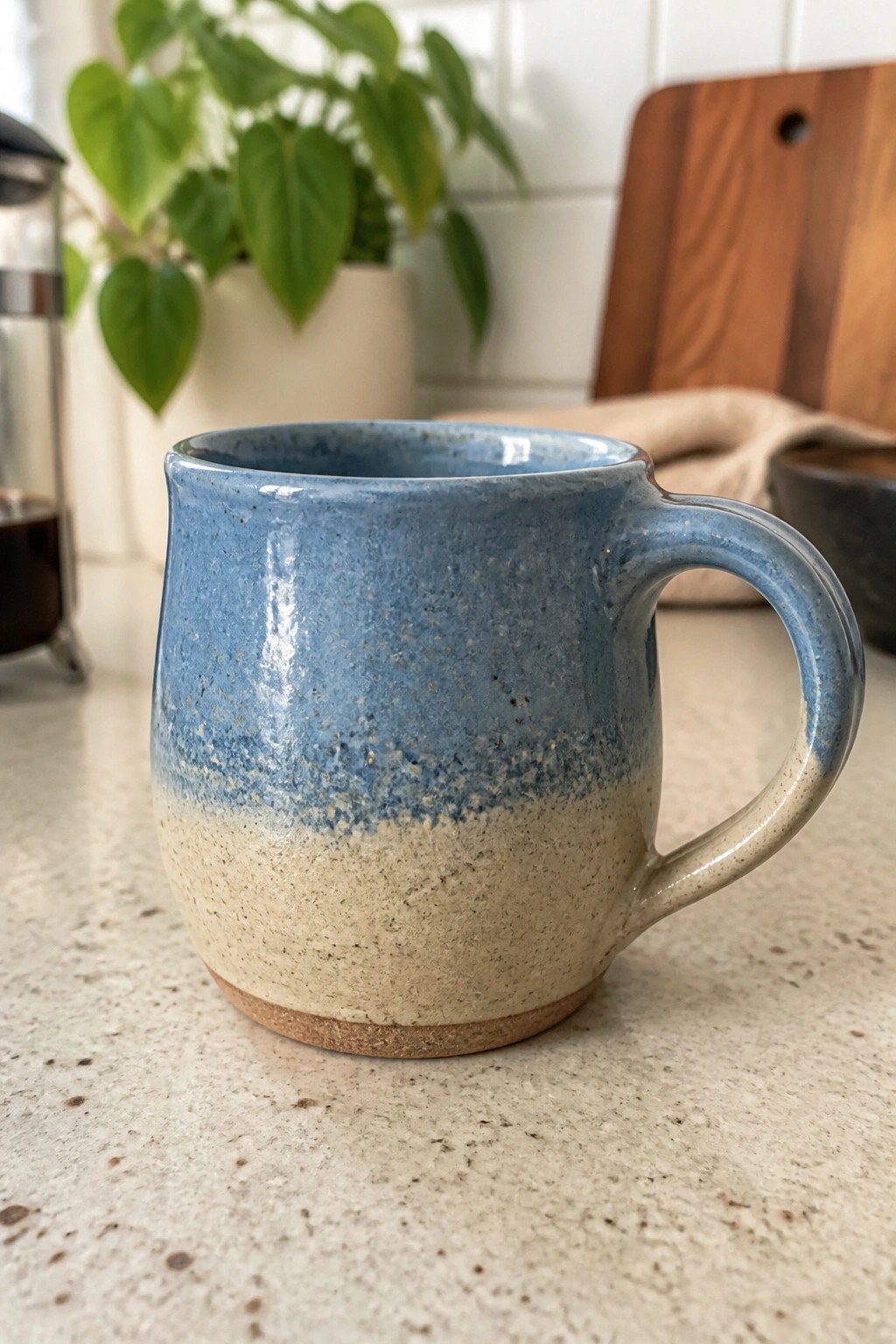 Blue and beige speckled ceramic mug on light kitchen countertop