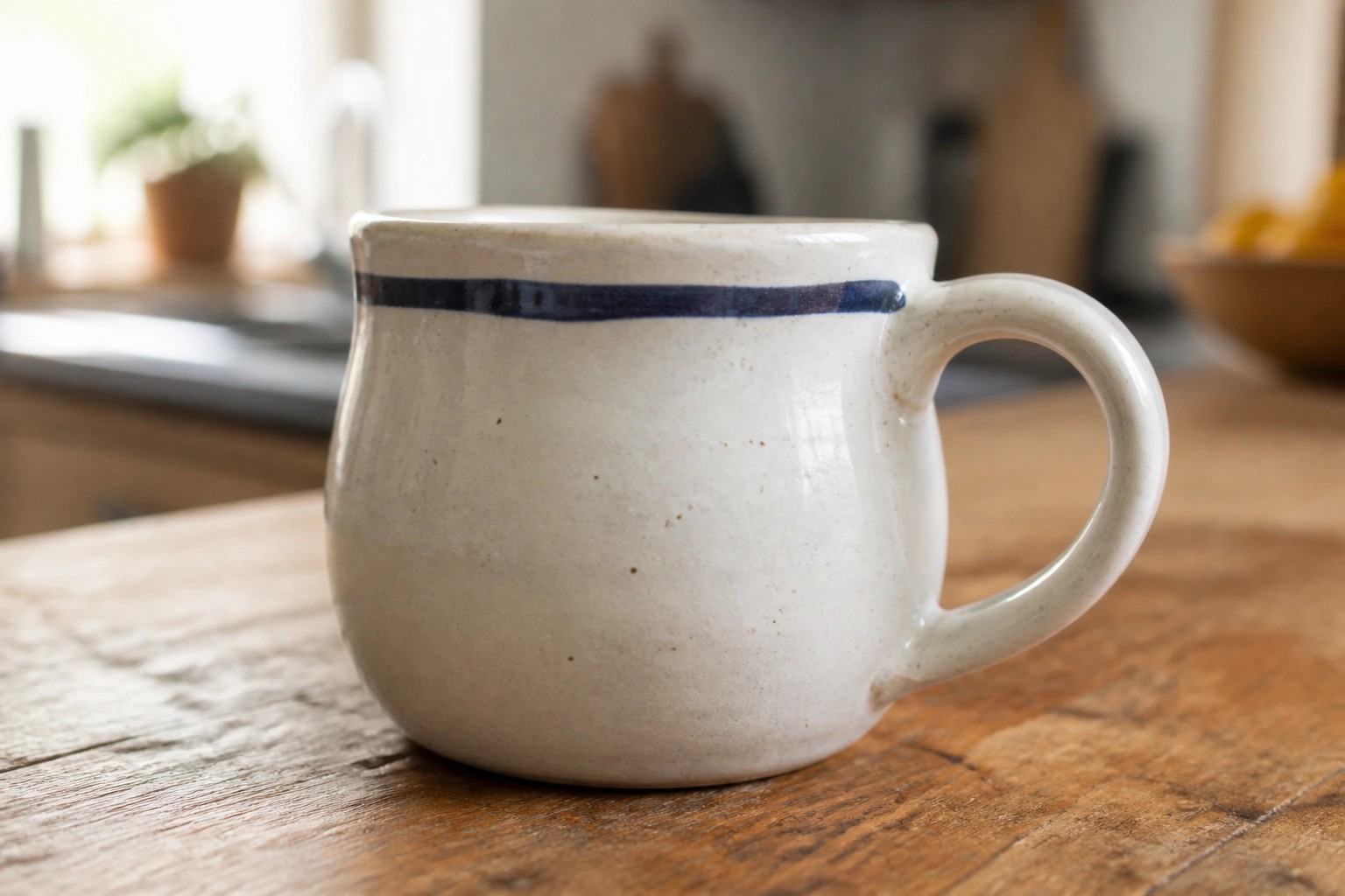 White ceramic mug with blue stripe on rustic wooden table.