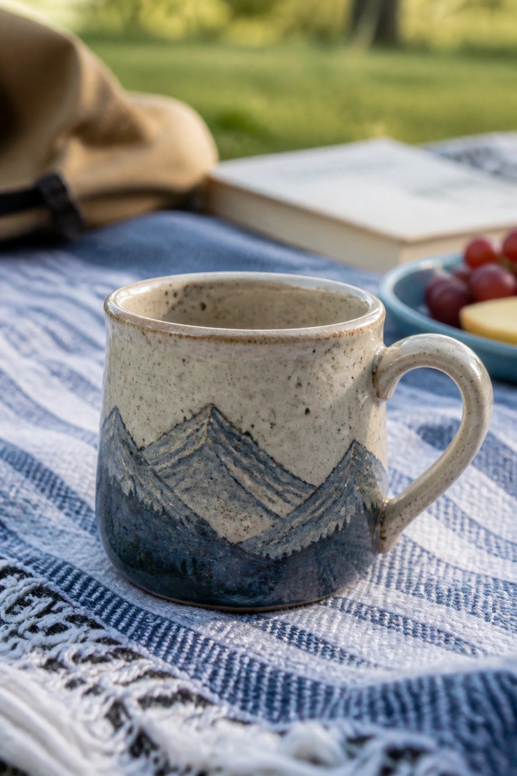A ceramic mug with a blue mountain landscape design rests on a blue and white striped picnic blanket.