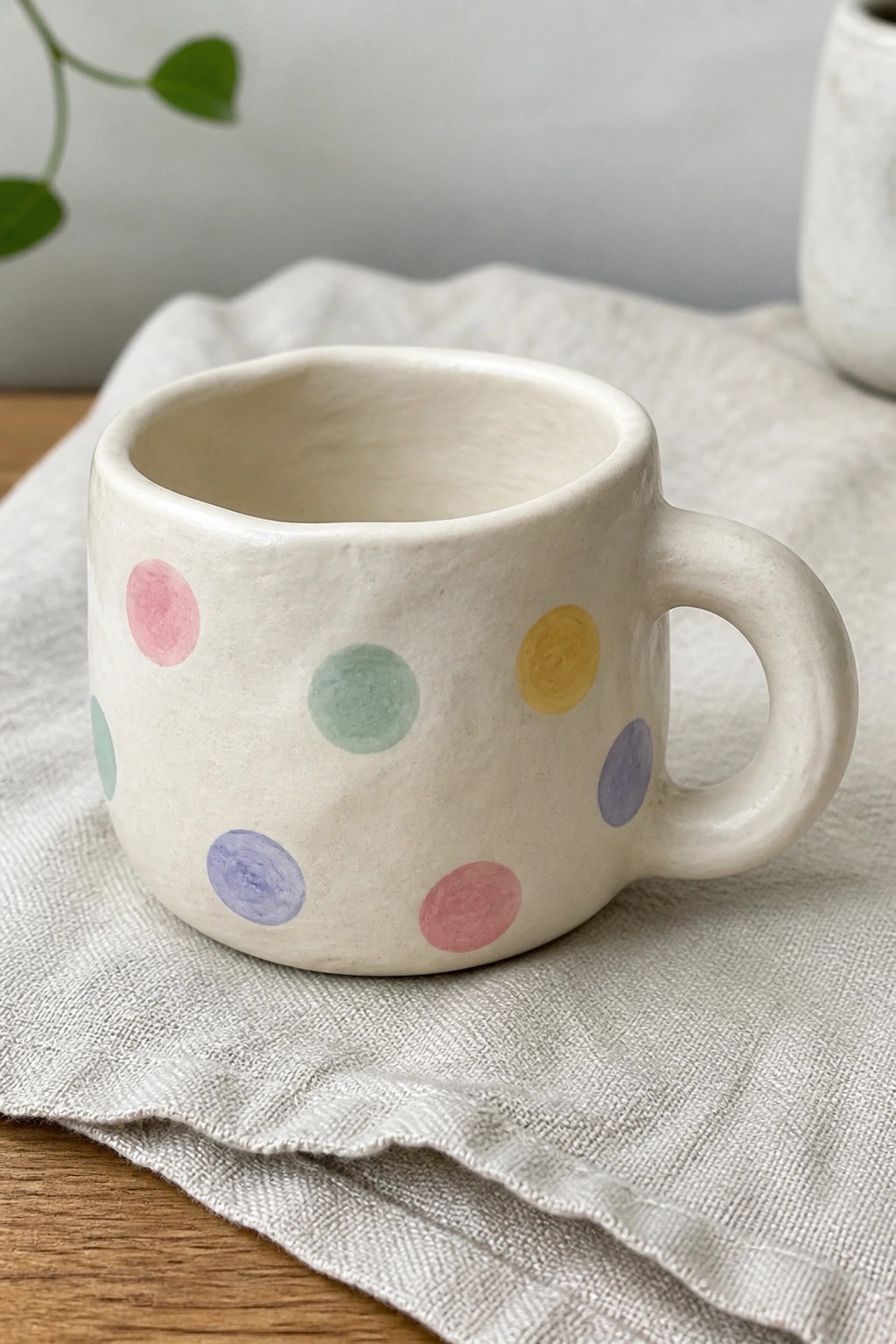 A small white ceramic mug with a handle rests on light fabric, decorated with scattered pink, green, yellow, blue, and purple dots.