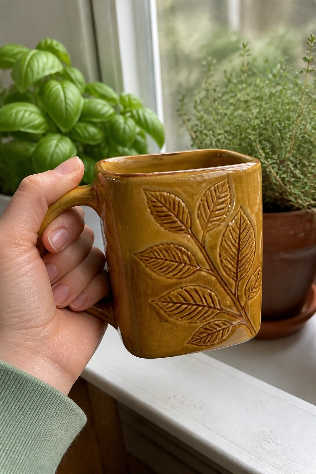 Hand in green sleeve holding yellow mug with embossed leaves by window plants.