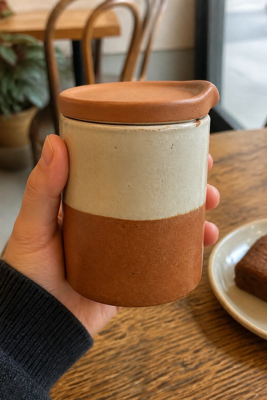 Hand in dark sleeve holding two-toned beige and brown lidded ceramic jar