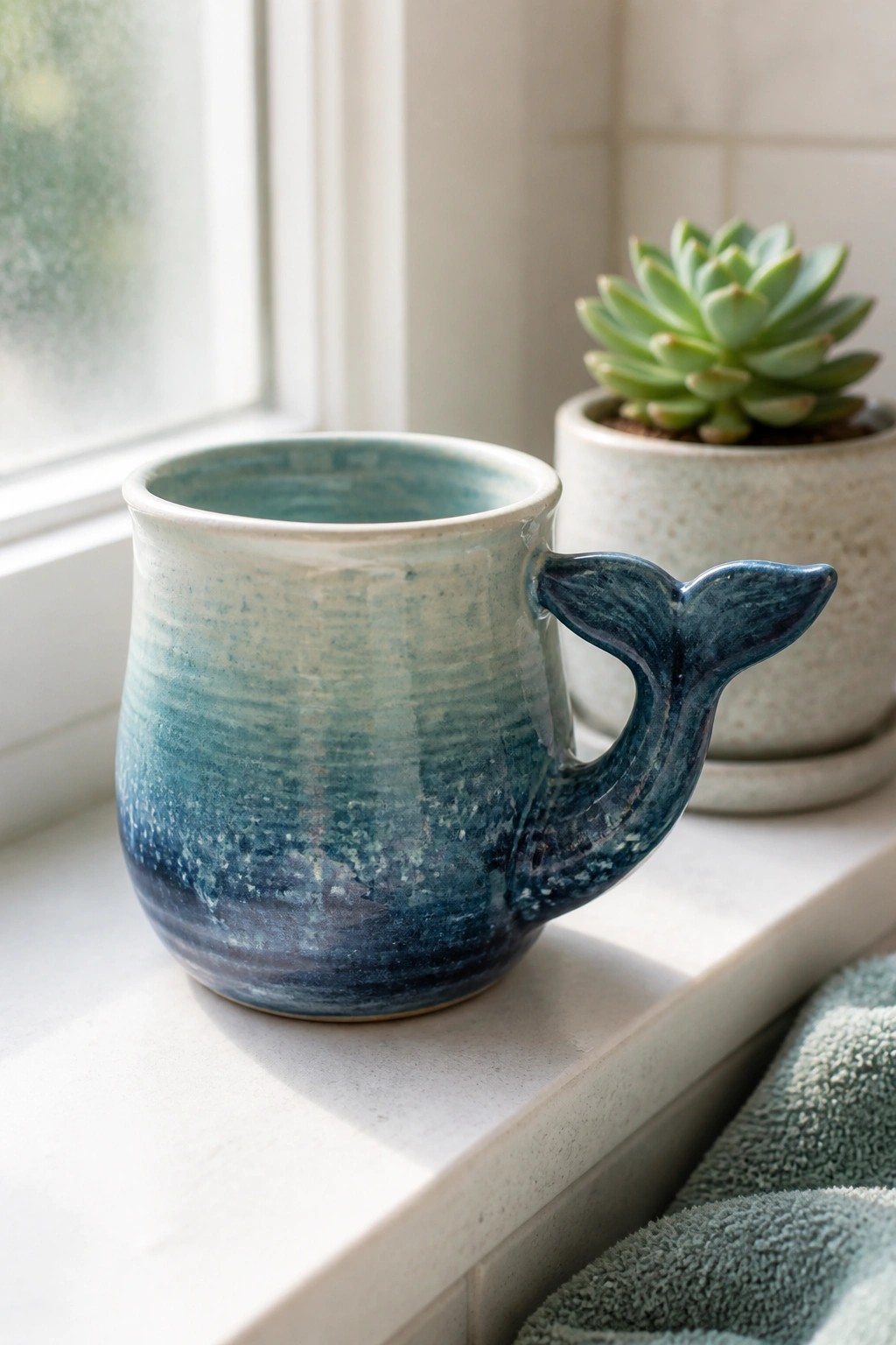 A blue and green glazed ceramic mug with a whale tail shaped handle sitting on a windowsill next to a potted succulent.