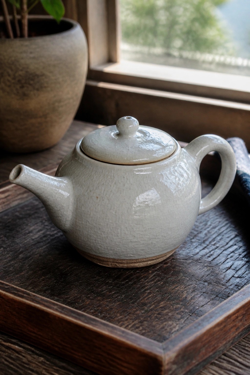 White crackle-glaze teapot on dark wooden tray near window