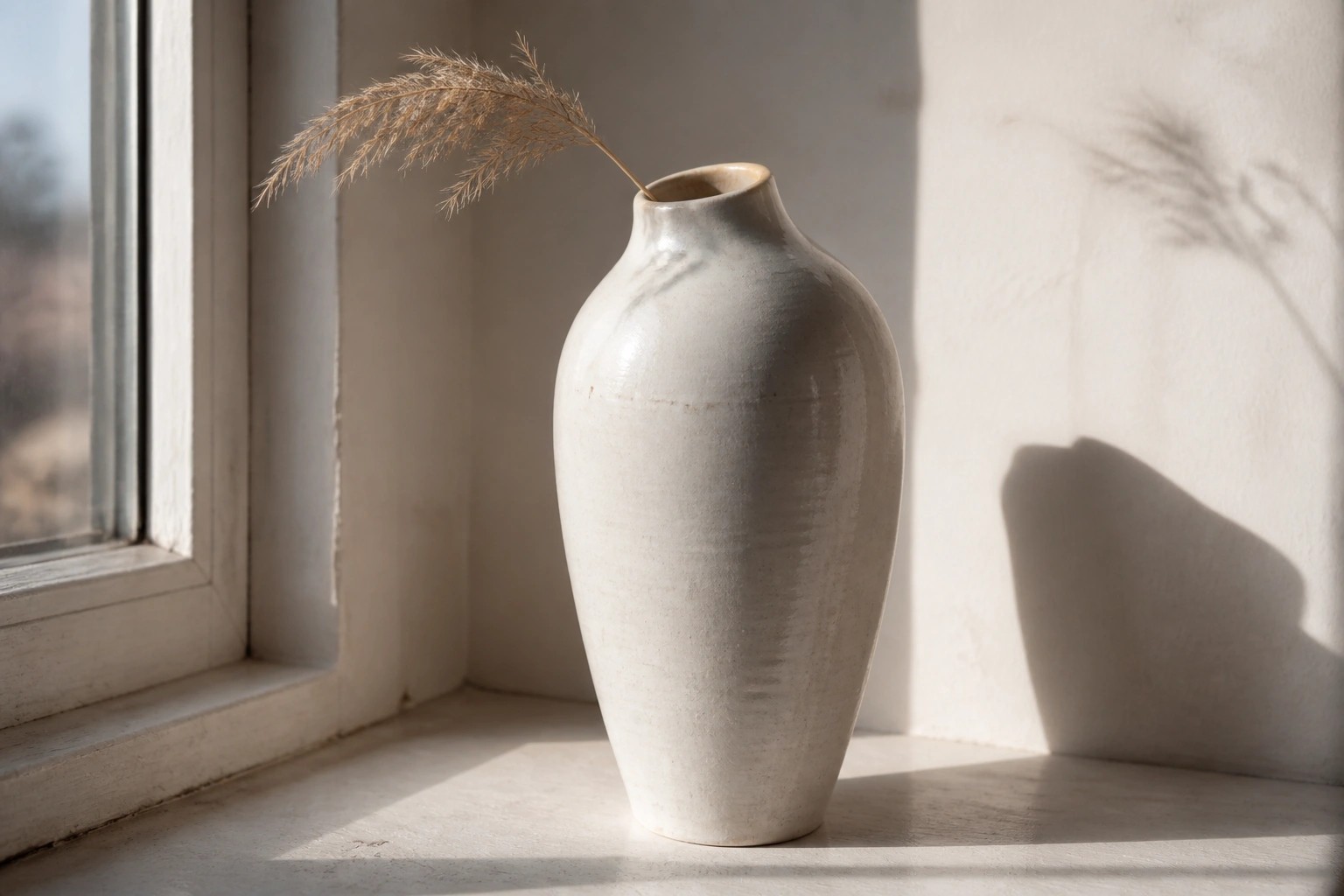 Textured beige vase with dried grass stem on sunlit windowsill