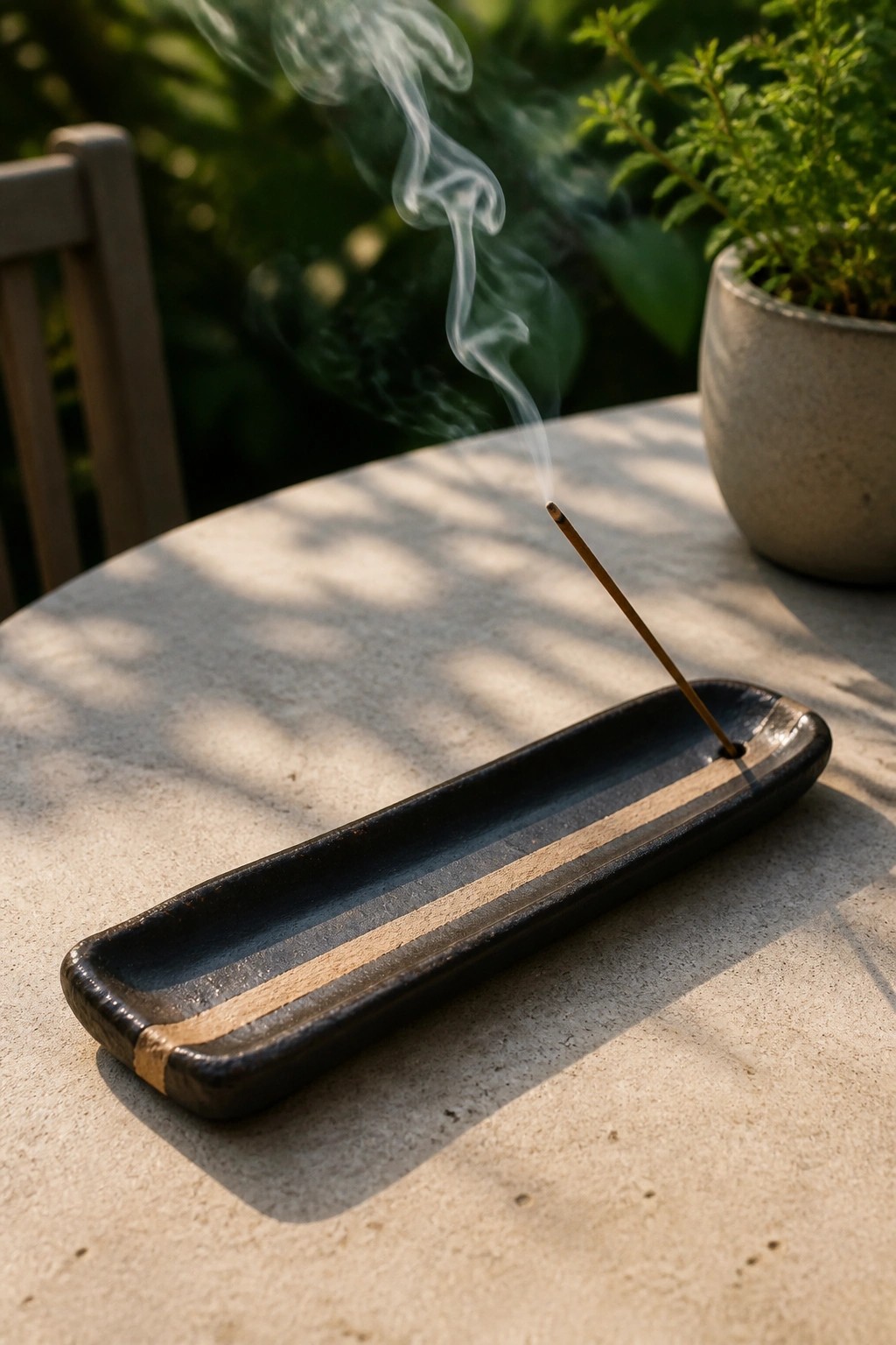 Burning incense stick in black holder with rising smoke on sunlit table
