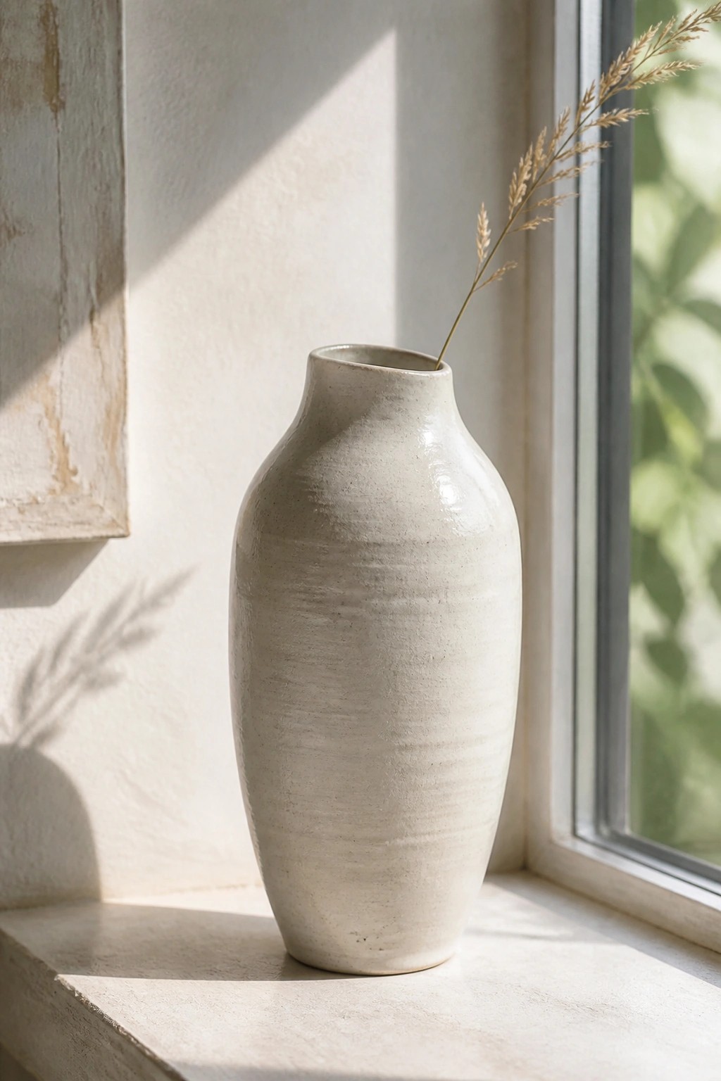 Textured beige vase with dried grass stem on sunlit windowsill