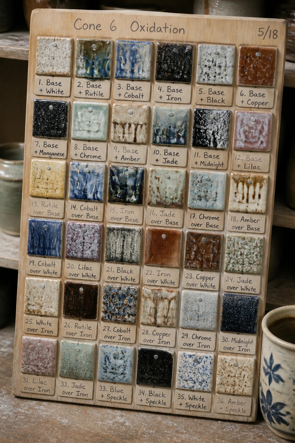 Wooden board with 36 numbered ceramic glaze test tiles in various colors and textures