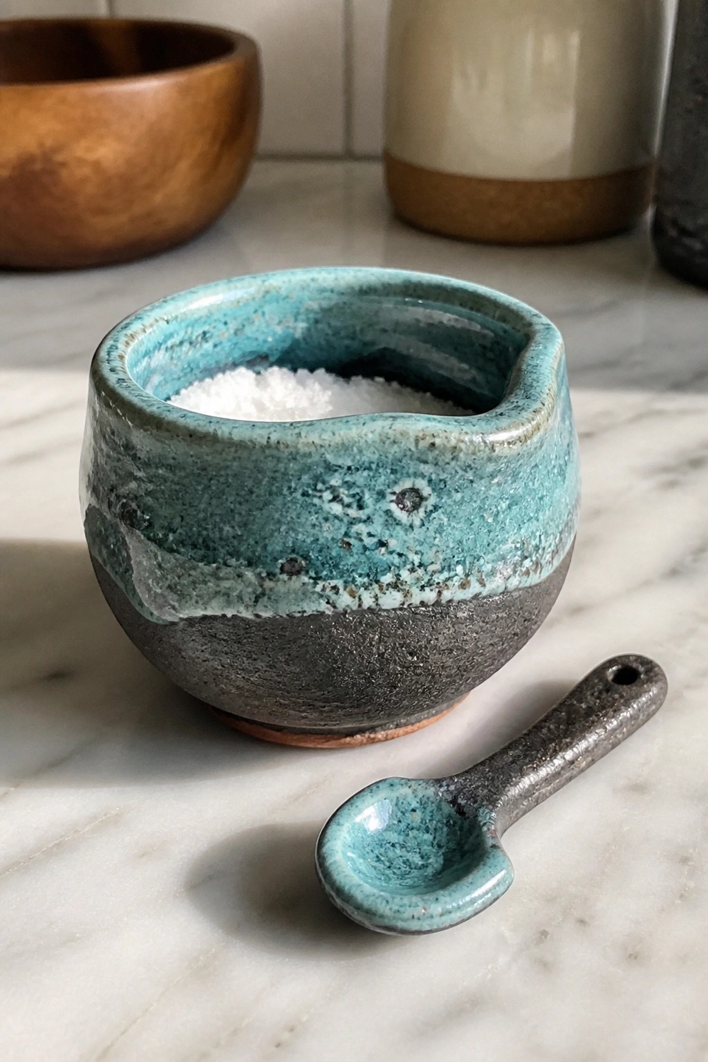 Turquoise ceramic salt bowl with matching spoon on white marble countertop