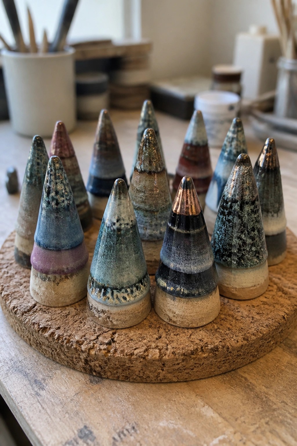 Colorful glazed ceramic cones arranged on a round wooden base in a studio