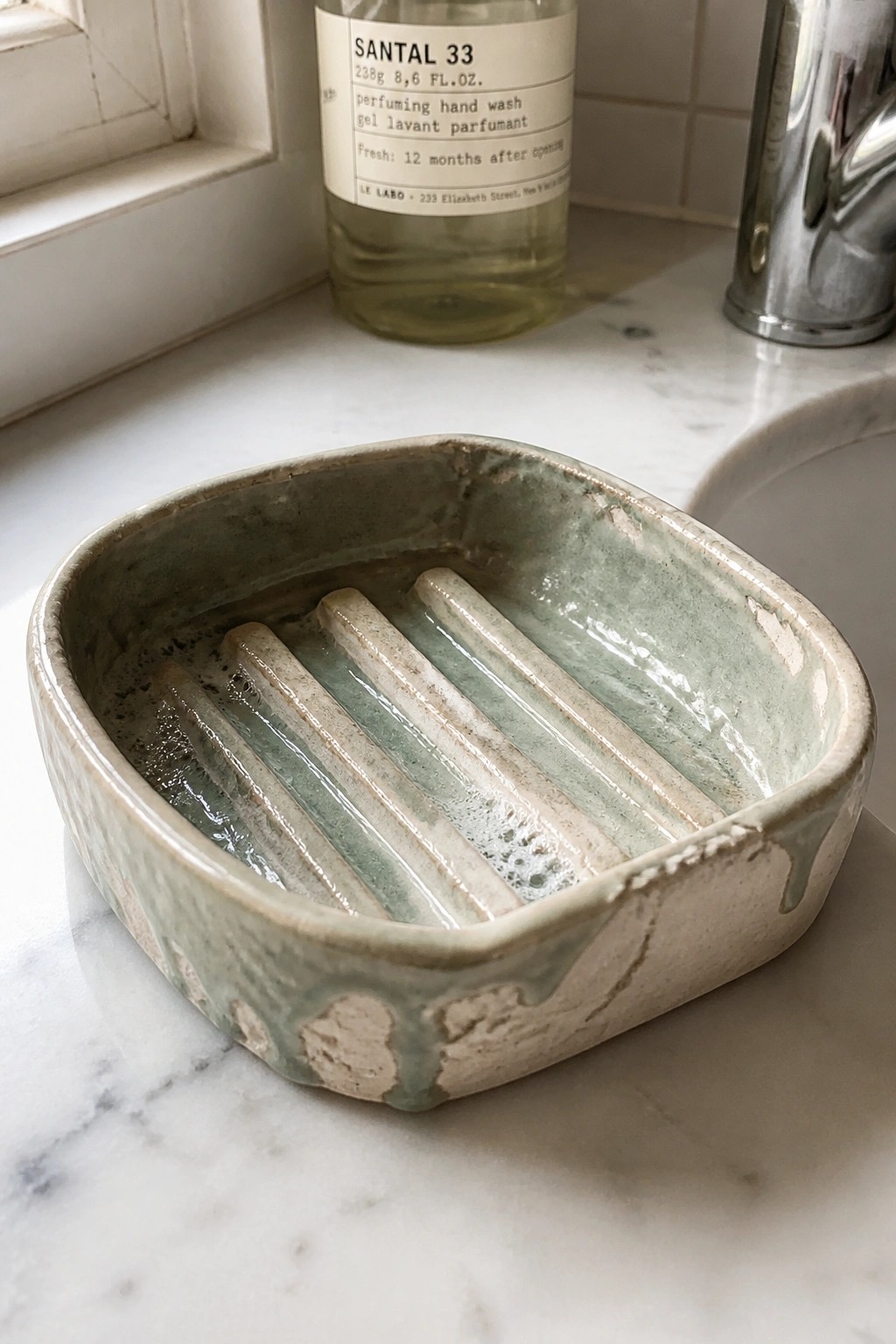 Rustic green ceramic soap dish with ridges on marble bathroom countertop