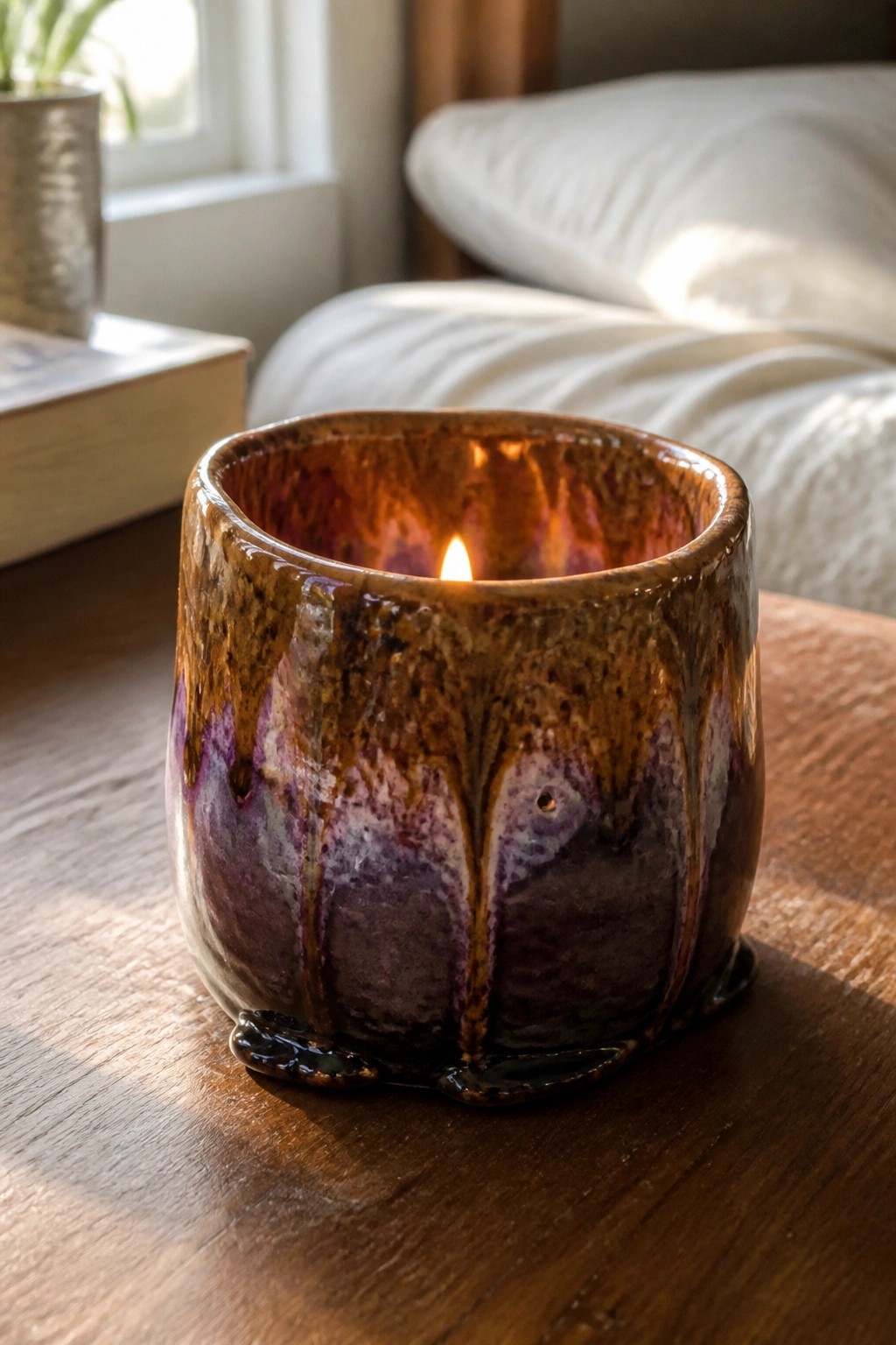 Lit candle in a drippy purple and brown glazed ceramic holder on wood