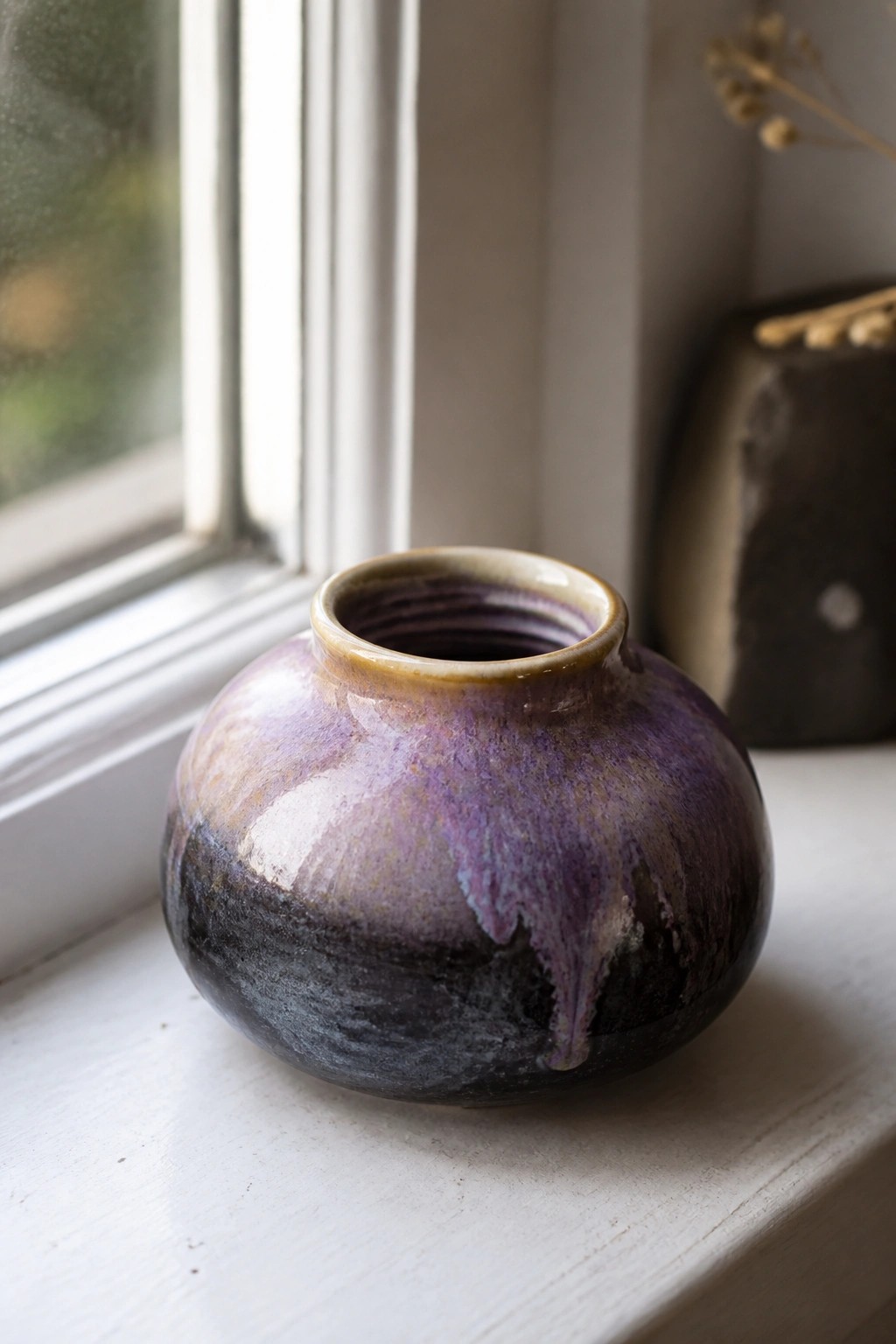 Round purple-black glazed ceramic vase on white windowsill by window