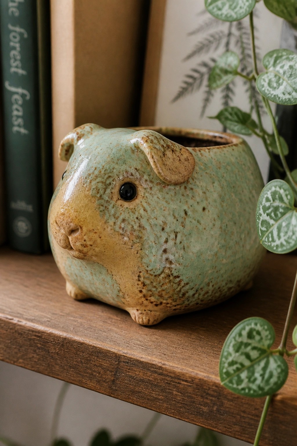 A small ceramic guinea pig planter with a speckled green and brown glaze on a wooden shelf next to books and houseplants.