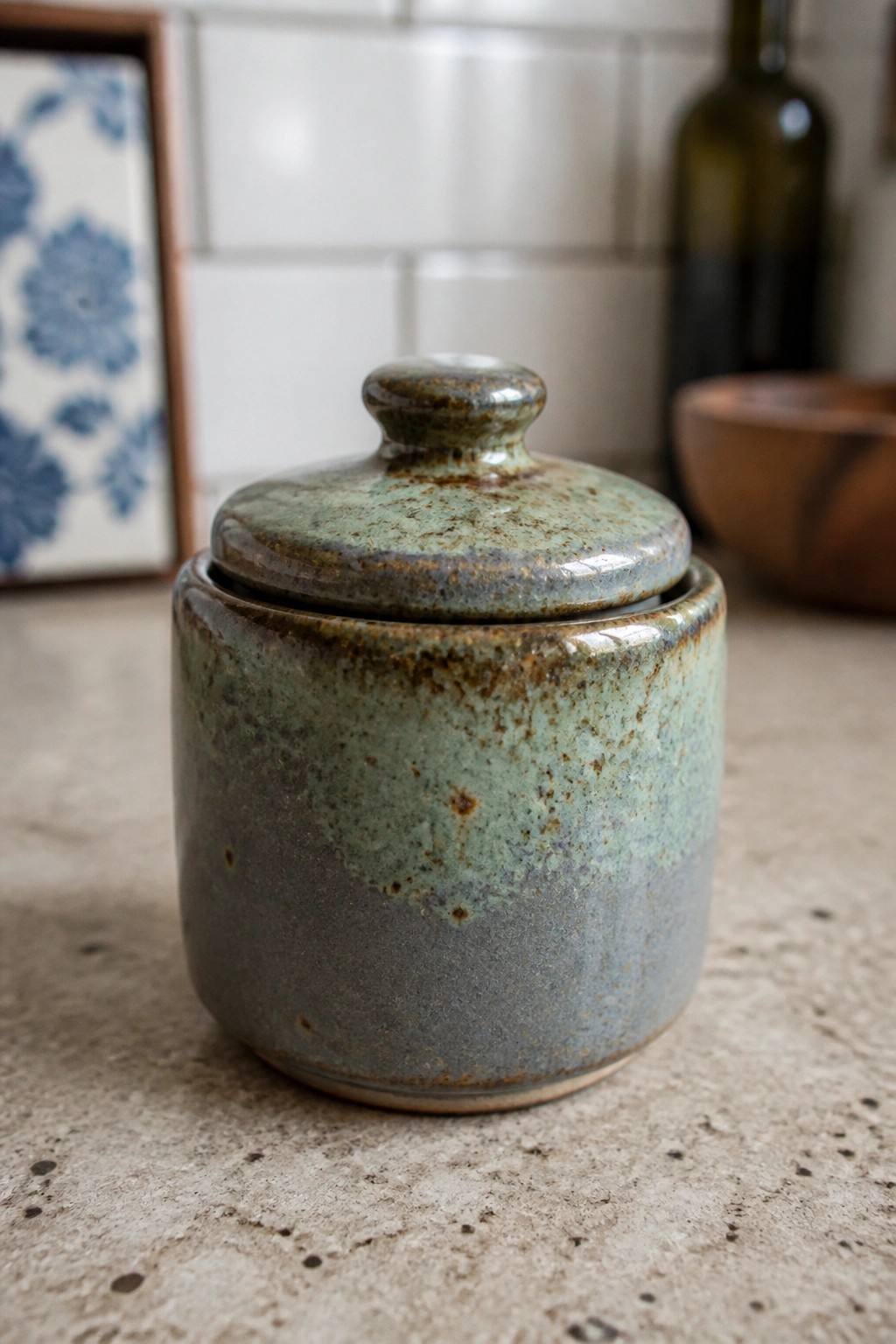 Ceramic lidded jar with mottled green glaze on kitchen counter