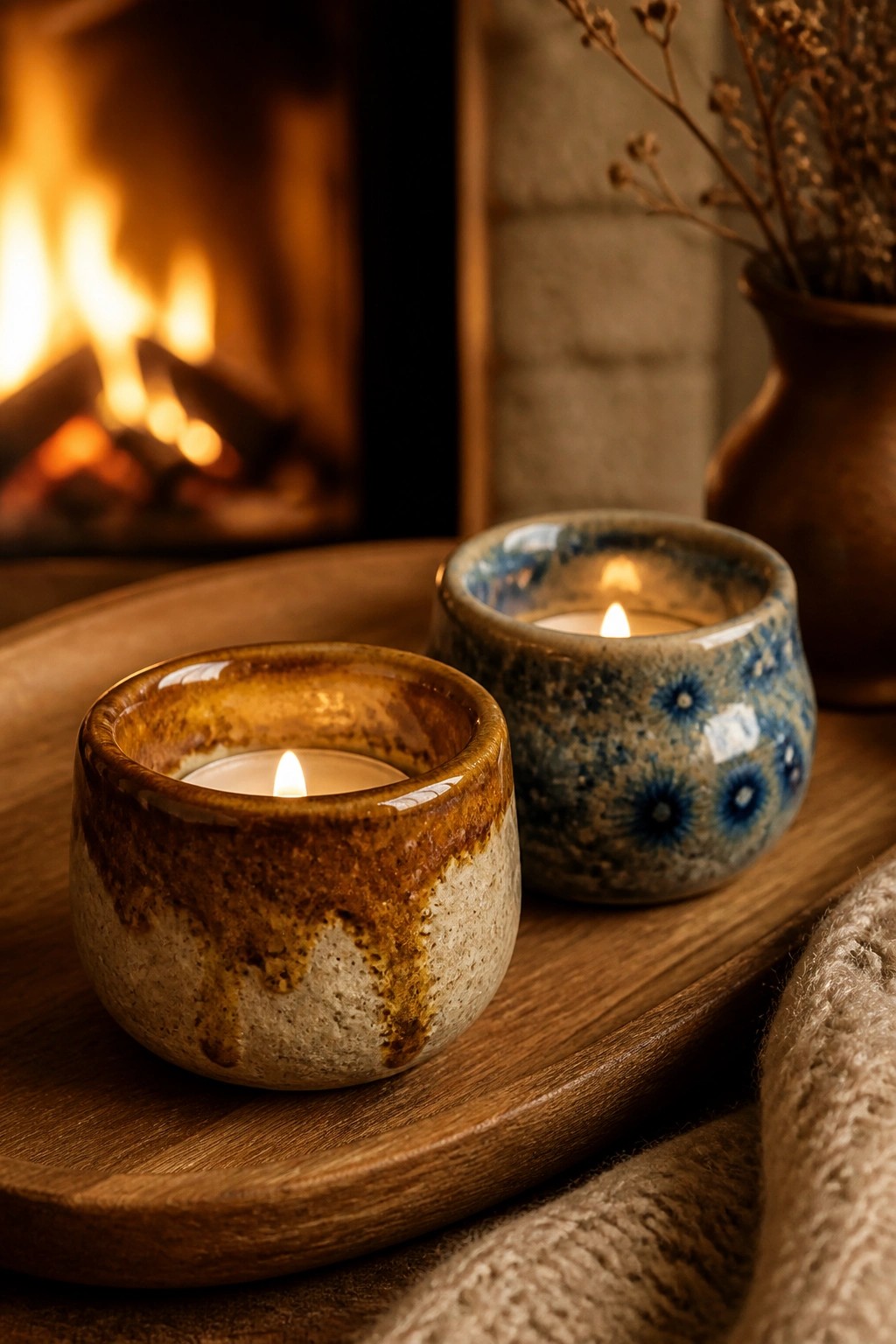 Two lit candles in ceramic holders on wooden tray by fireplace