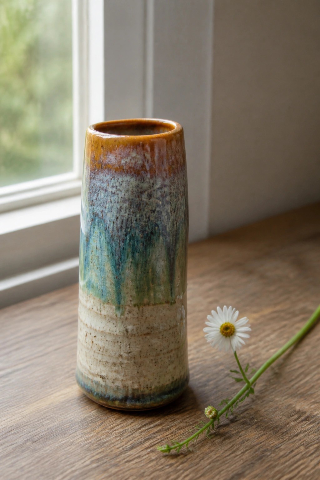 Colorful glazed ceramic vase beside a white daisy on wooden windowsill
