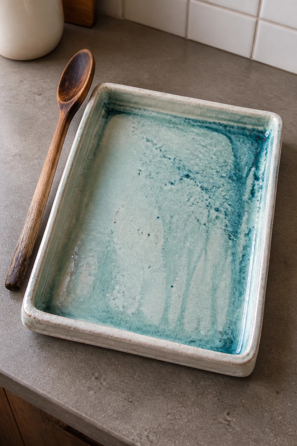 Turquoise glazed rectangular ceramic tray beside wooden spoon on gray countertop