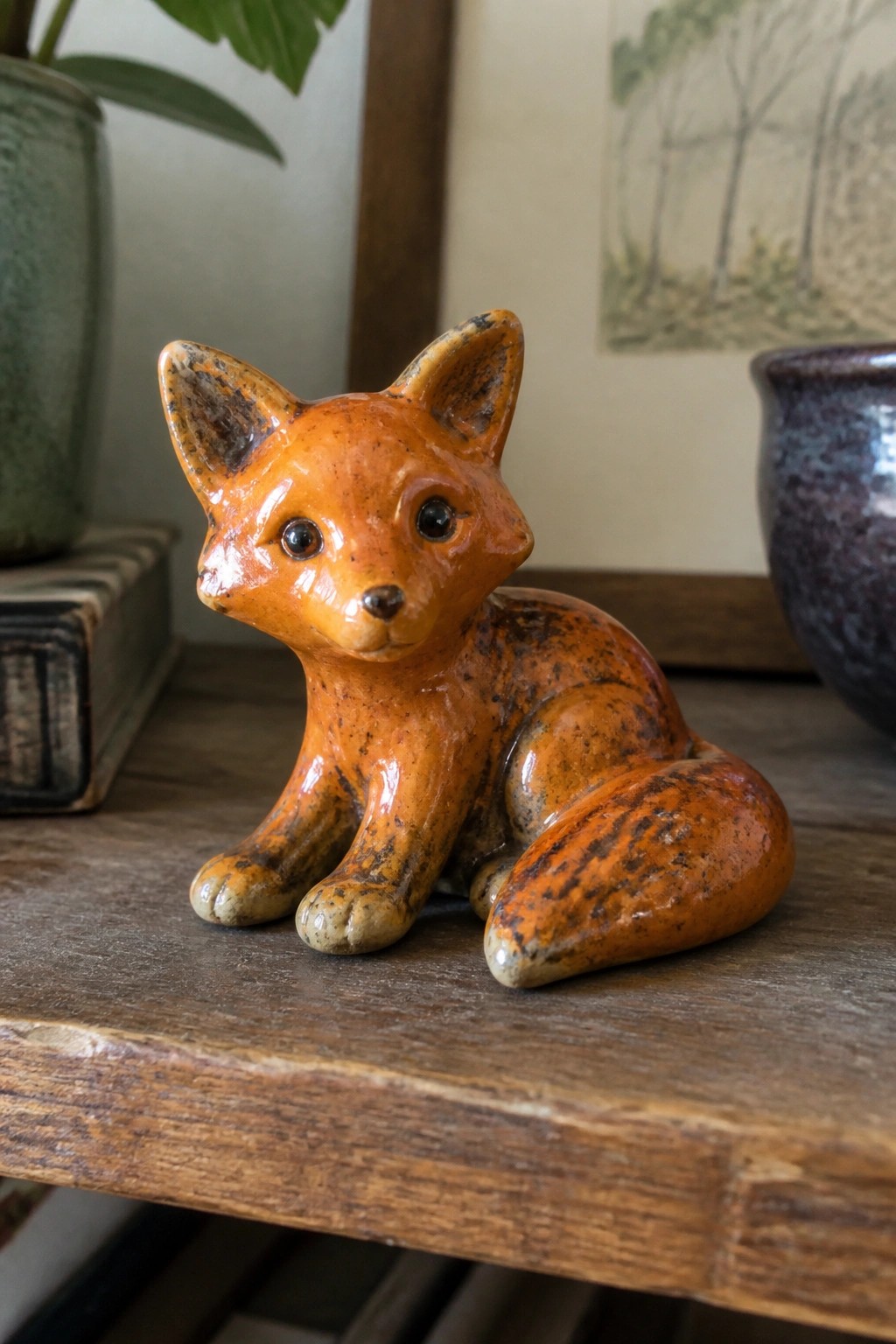 Orange ceramic fox figurine on wooden shelf with pottery and artwork behind