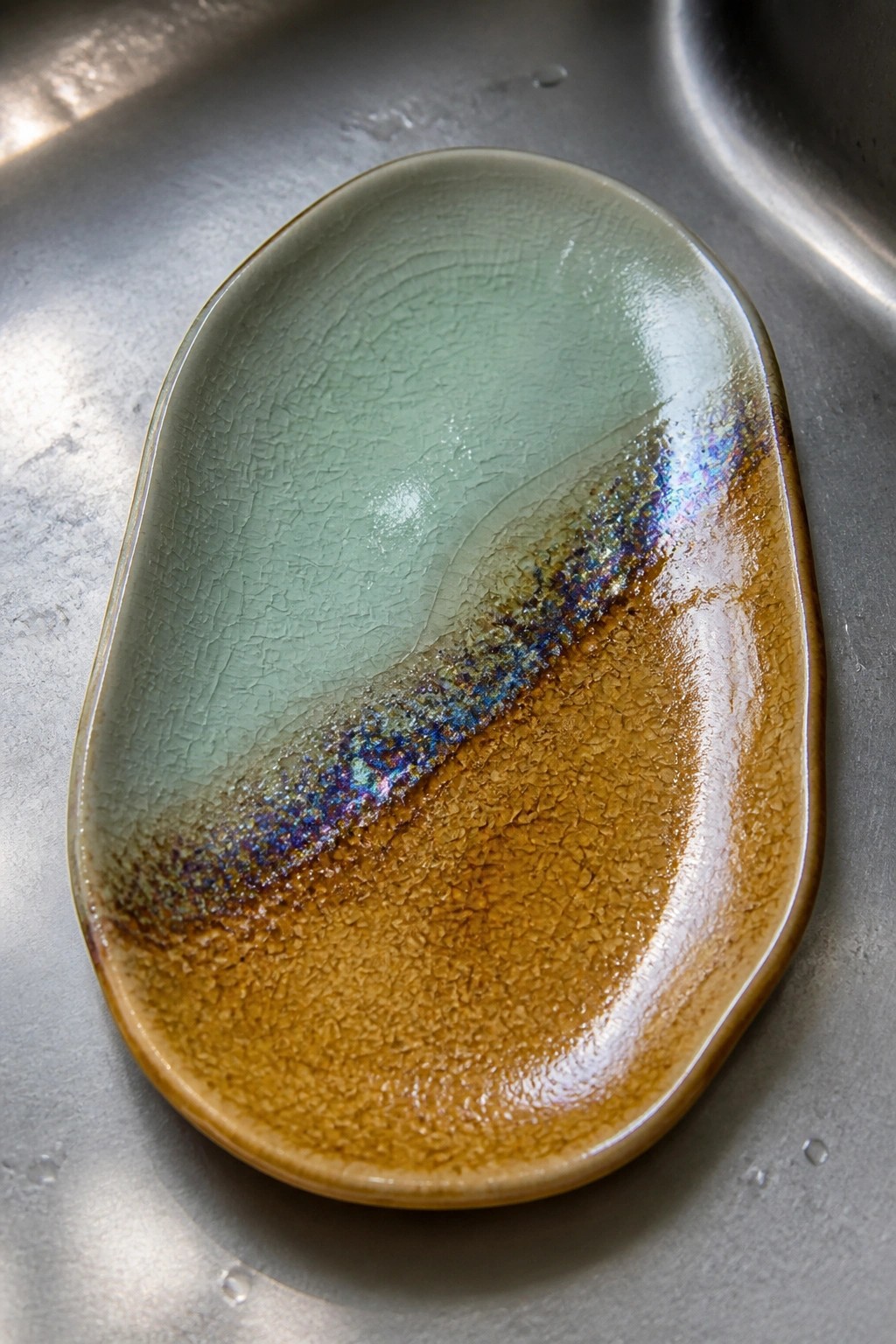 An oval ceramic dish with a crackled green glaze on top transitioning to a brown glaze with iridescent blue accents along the boundary, resting on a metallic surface.