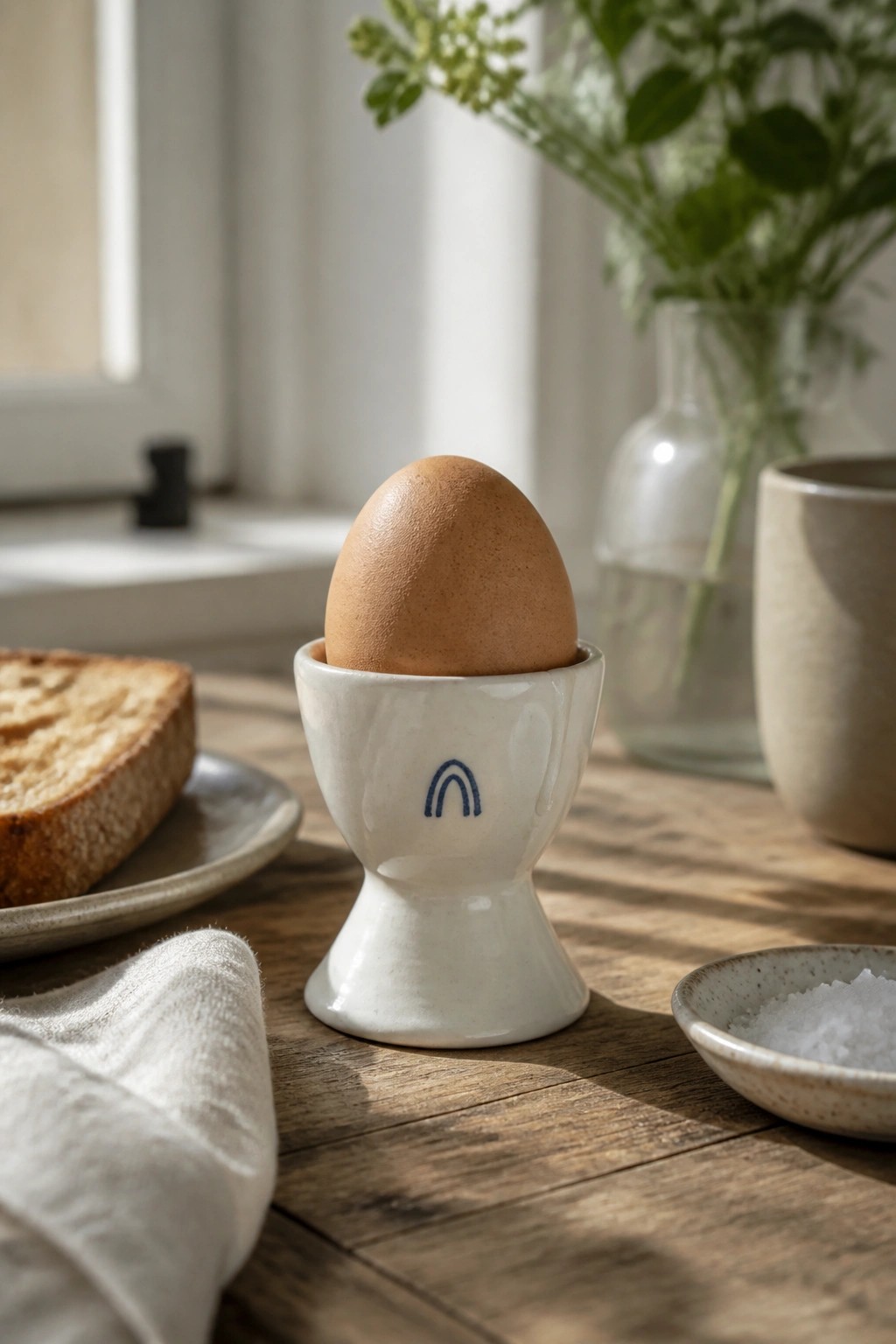 A white ceramic egg cup with a small blue arch holds a brown egg on a wooden table beside toast and a salt dish.