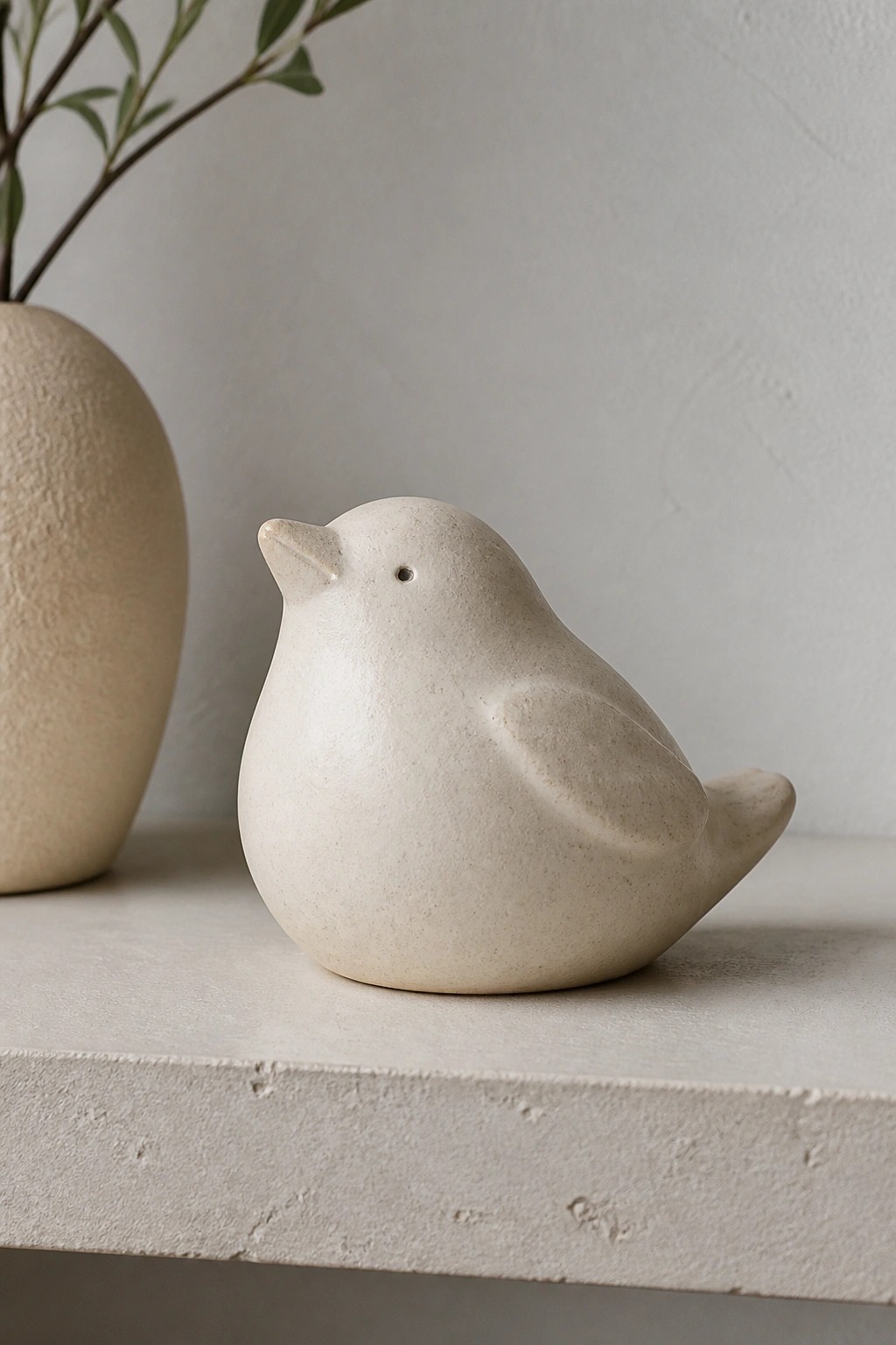 Speckled white ceramic bird figurine on a light concrete shelf beside a vase