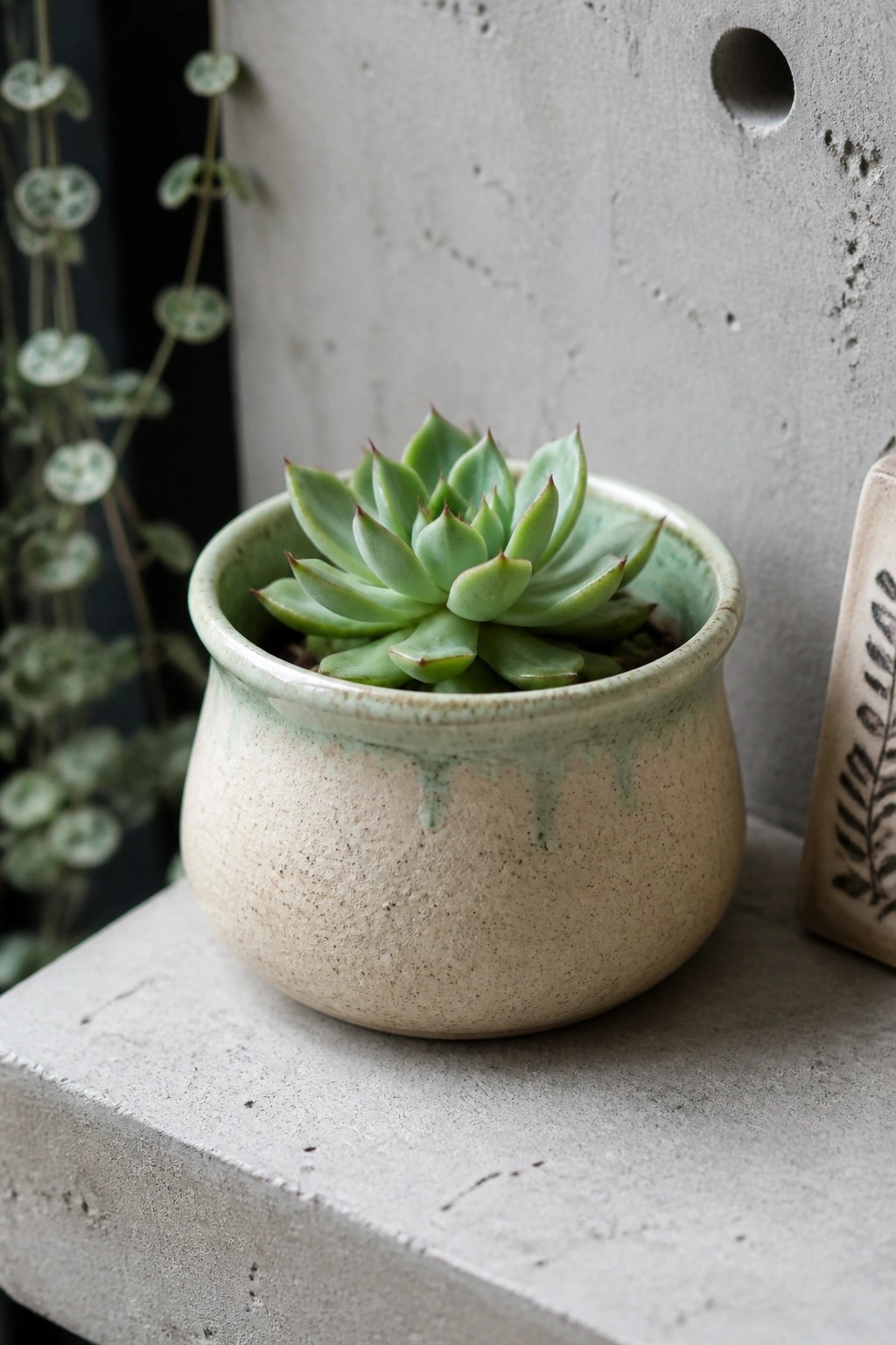 Green succulent in rustic ceramic pot on textured concrete ledge